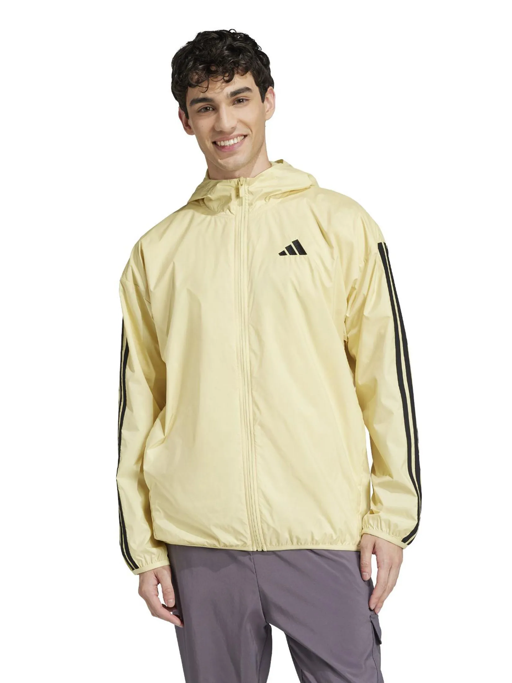 ADIDAS Men Windbreaker Essentials 3-Stripes Powder Yellow / Black ADIDAS Men Windbreaker Essentials 3-Stripes Powder Yellow / Black