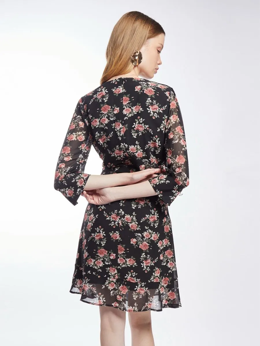 ESPADA Rose Print Chiffon Dress Women Black ESPADA Rose Print Chiffon Dress Women Black