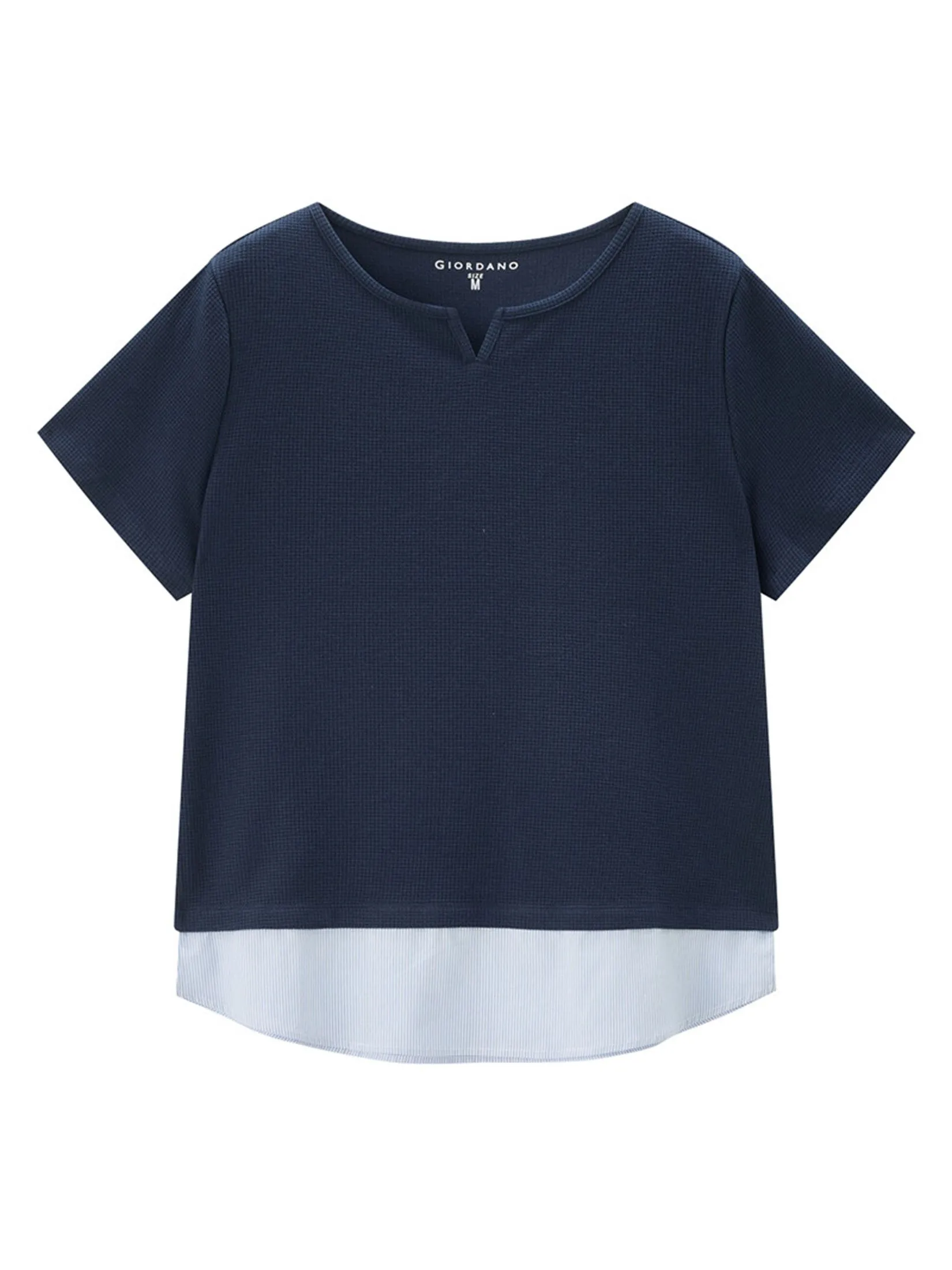 GIORDANO Women's Beau Monde Waffle Patchwork T-shirt Navy Blue GIORDANO Women's Beau Monde Waffle Patchwork T-shirt Navy Blue