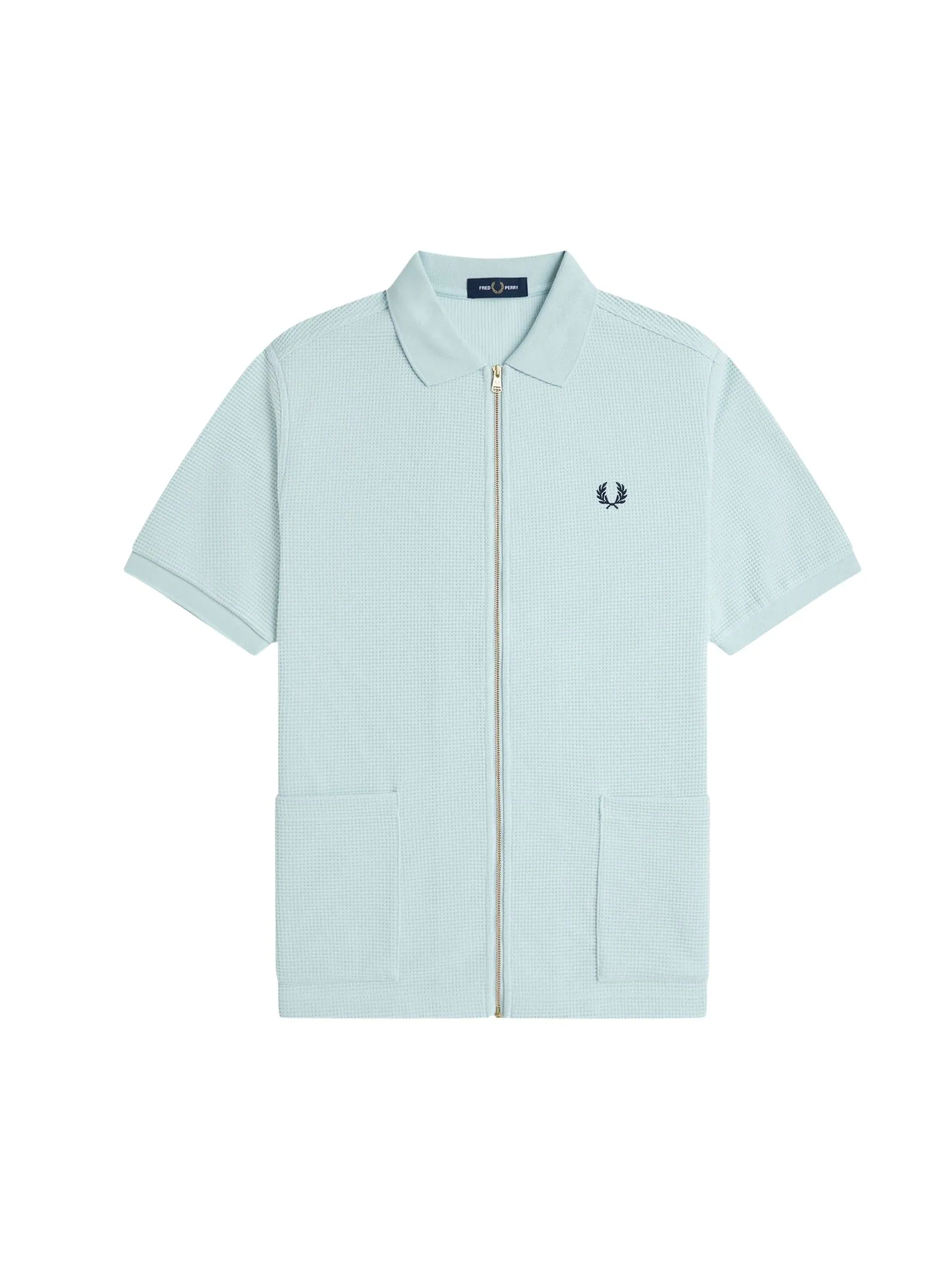 Fred Perry Men WAFFLE ZIP THROUGH POLO SHIRT  Blue Fred Perry Men WAFFLE ZIP THROUGH POLO SHIRT  Blue
