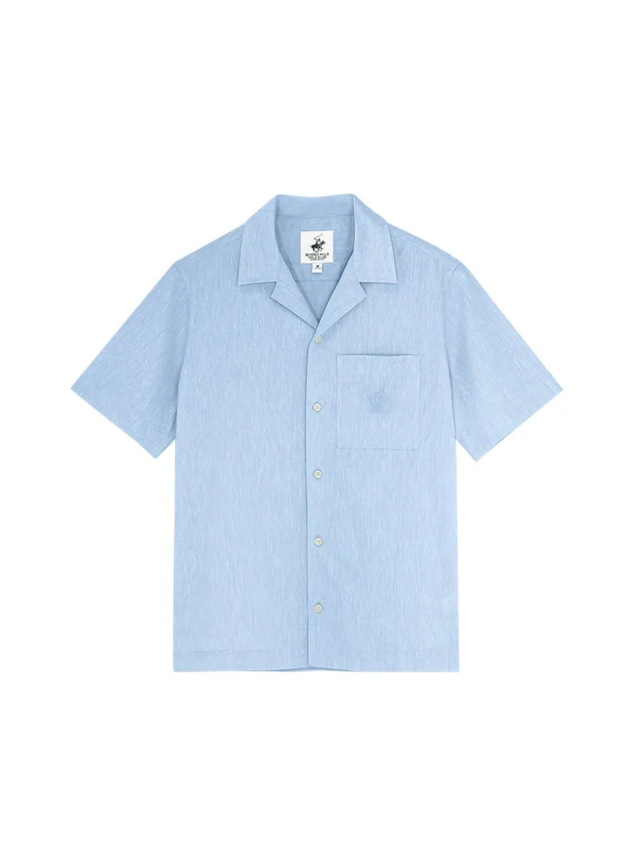 BEVERLY HILLS POLO CLUB Men Cotton Linen Open Collar Shirt Short Sleeve, Light Blue BEVERLY HILLS POLO CLUB Men Cotton Linen Open Collar Shirt Short Sleeve, Light Blue
