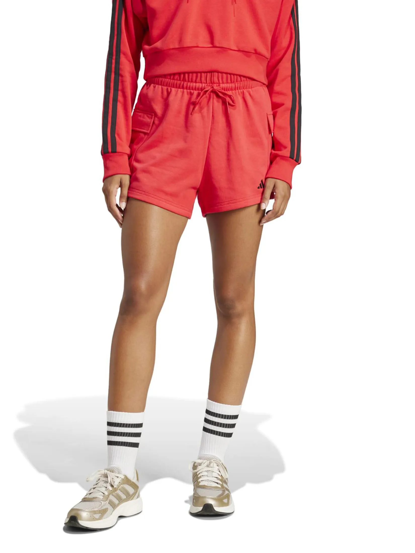 ADIDAS Women Cargo Shorts Essentials Small Logo French Terry Pure Ruby / Black ADIDAS Women Cargo Shorts Essentials Small Logo French Terry Pure Ruby / Black