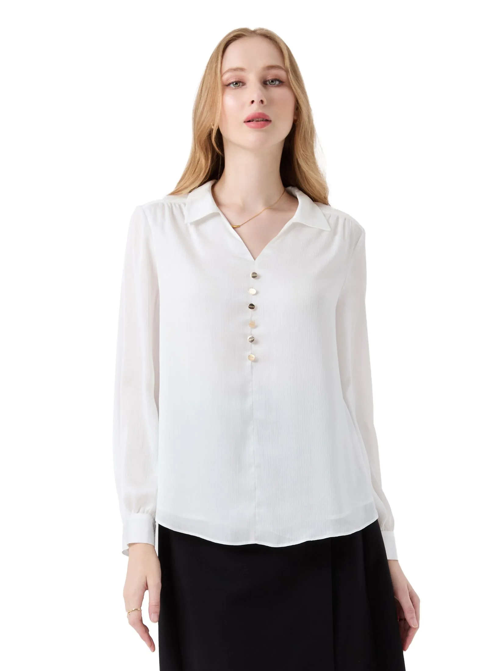 ESPADA Loose-Fit Blouse with V-Neck Women Off White ESPADA Loose-Fit Blouse with V-Neck Women Off White