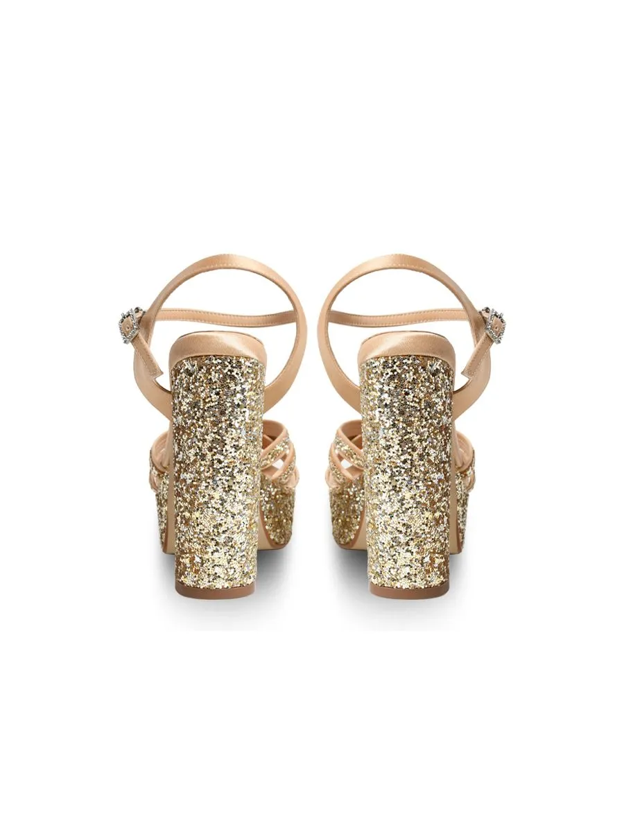 Sirena Gold Glitter Cloth Sandals Open Toe Blocked Heel 5 inch Aurora Sirena Gold Glitter Cloth Sandals Open Toe Blocked Heel 5 inch Aurora