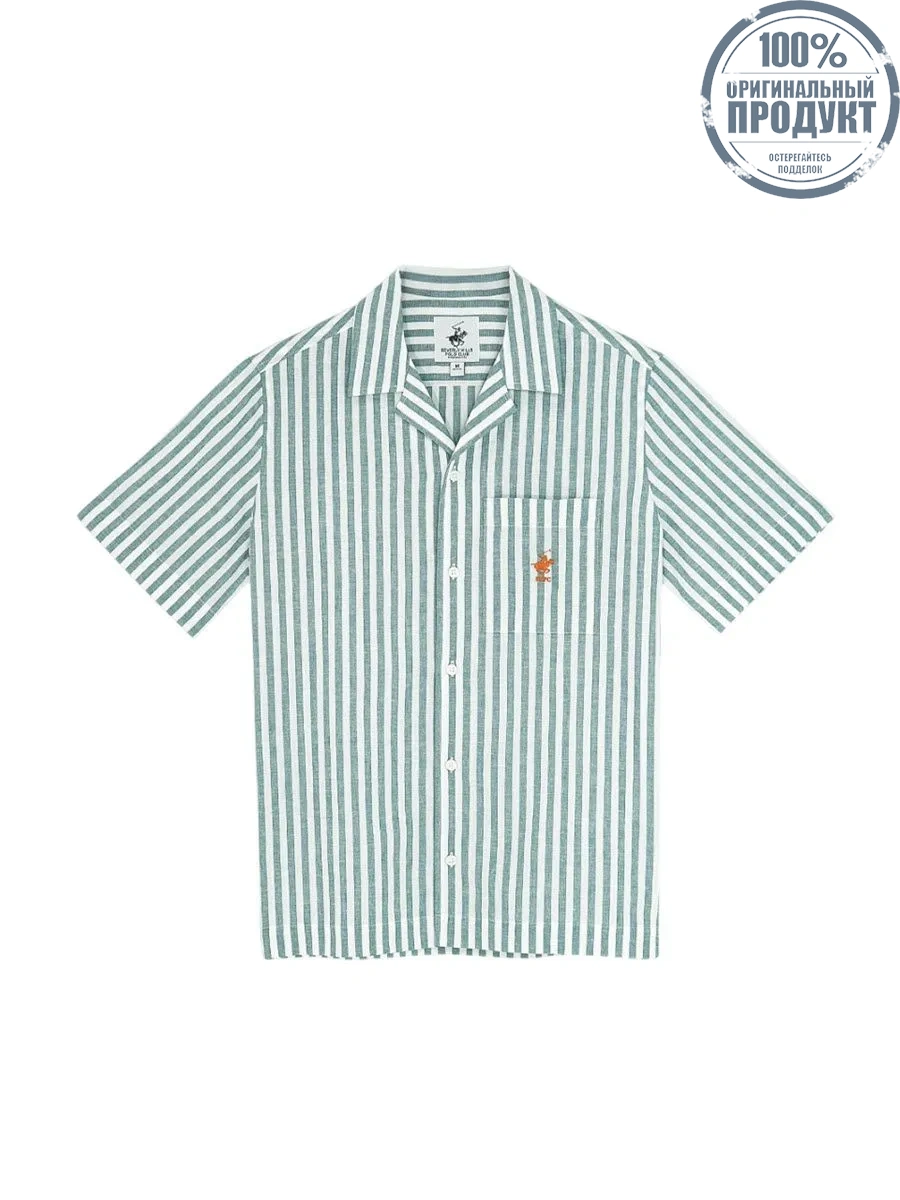 BEVERLY HILLS POLO CLUB Men Cotton Linen Open Collar Shirt Short Sleeve, Striped BEVERLY HILLS POLO CLUB Men Cotton Linen Open Collar Shirt Short Sleeve, Striped