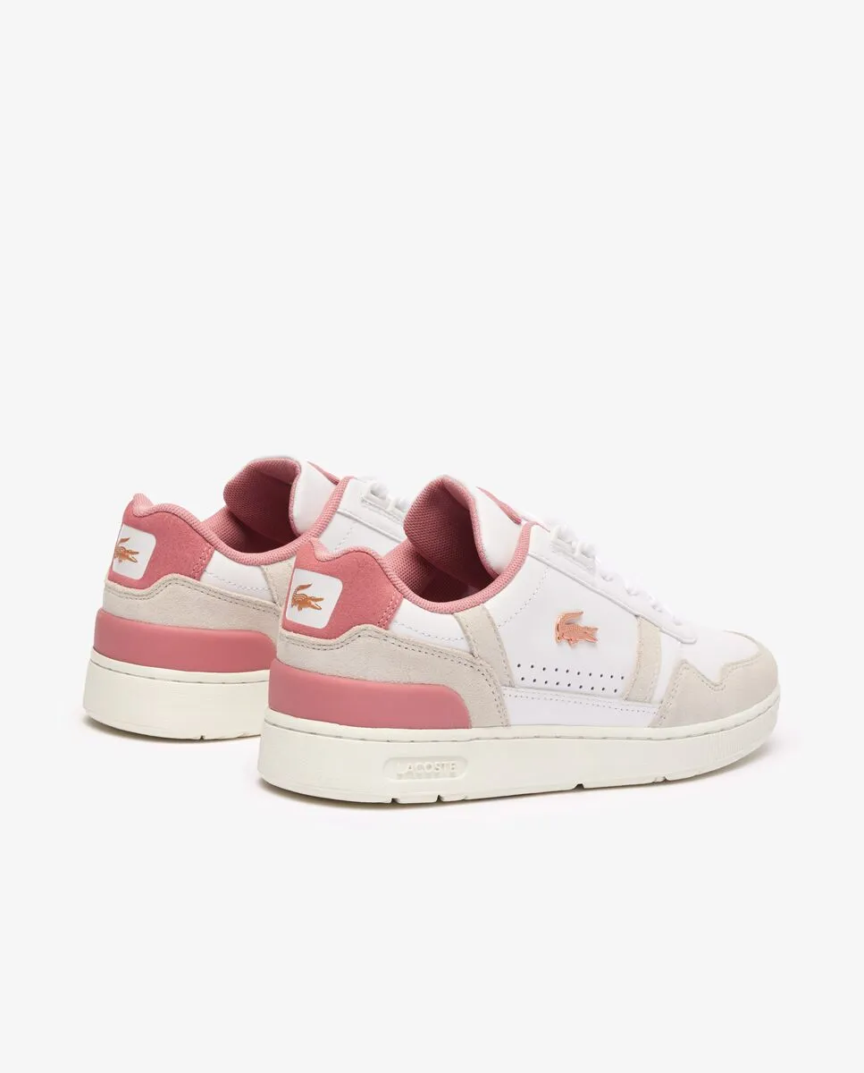 LACOSTE Women’s T-Clip Contrasted Leather Trainers White/Pink LACOSTE Women’s T-Clip Contrasted Leather Trainers White/Pink
