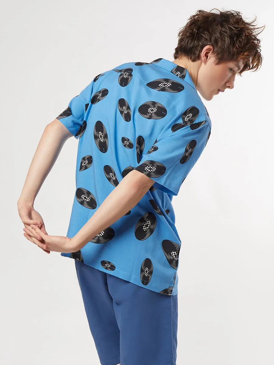 ESP Vinyl Print Hawaiian Shirt Men Mid Blue ESP Vinyl Print Hawaiian Shirt Men Mid Blue