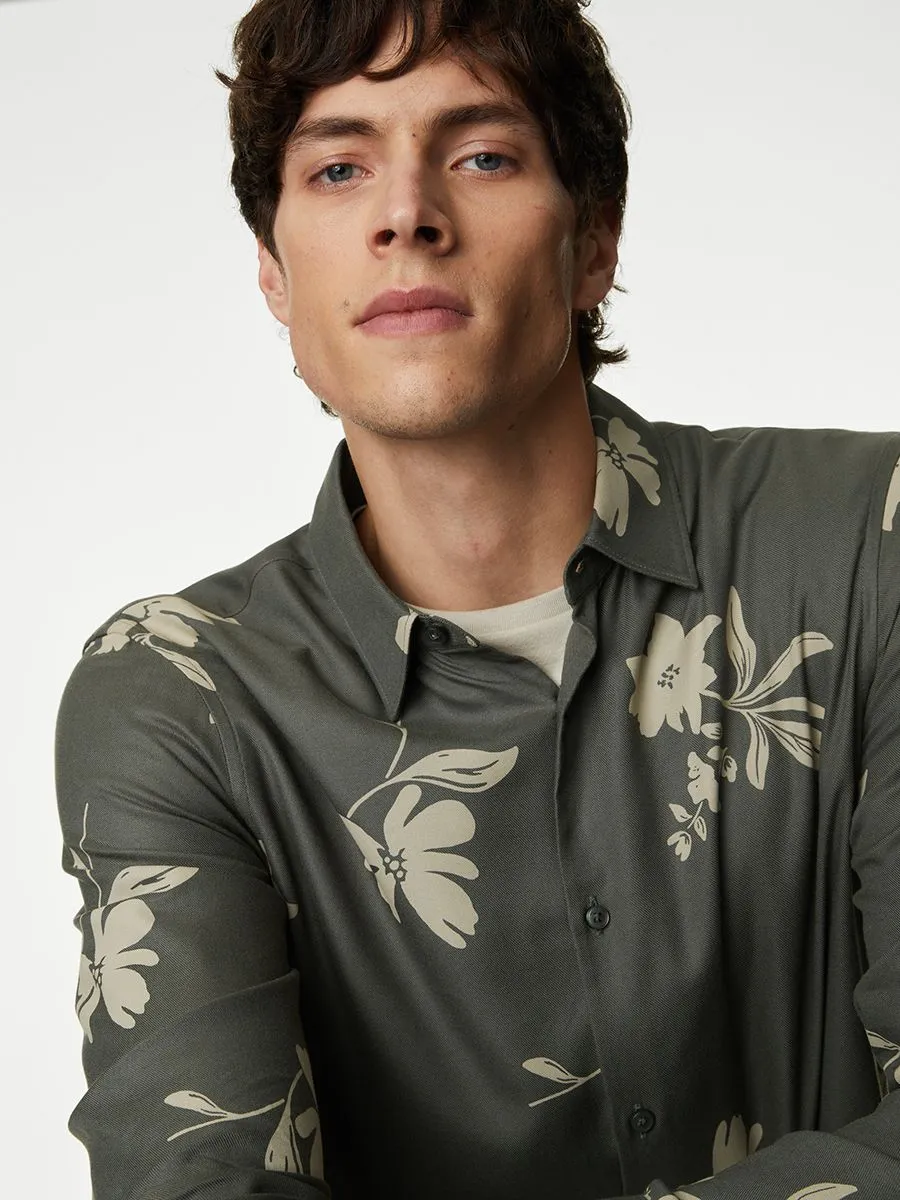 MARKS & SPENCER Men Shirt Printed Floral Pattern Green Mix Size S MARKS & SPENCER Men Shirt Printed Floral Pattern Green Mix Size S