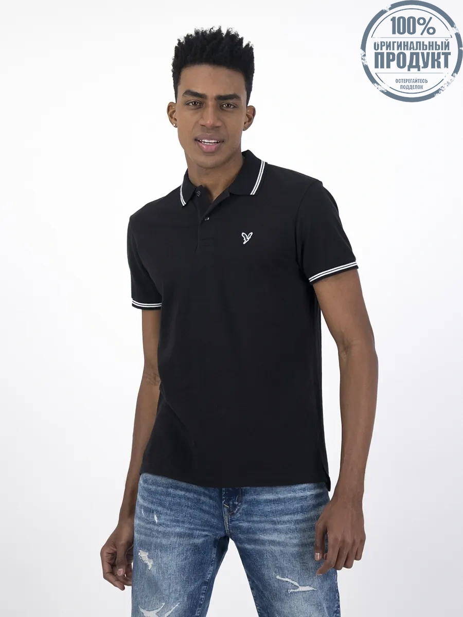 American Eagle PIQUE SLIM TIPPING SOLIDS 001 BLACK American Eagle PIQUE SLIM TIPPING SOLIDS 001 BLACK