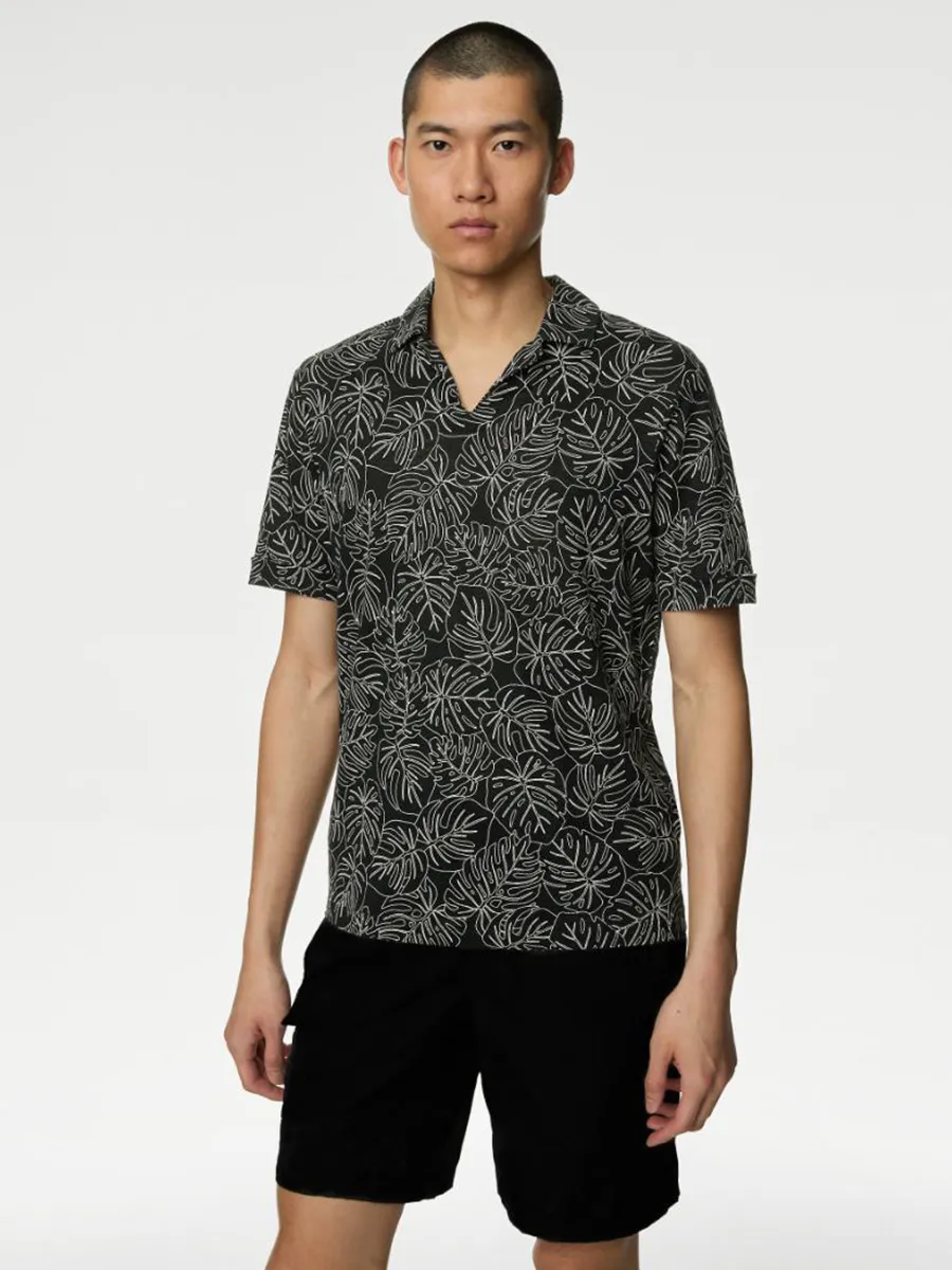 MARKS & SPENCER Men Polo Shirt Short Sleeves Pure Linen Leaf Print MARKS & SPENCER Men Polo Shirt Short Sleeves Pure Linen Leaf Print