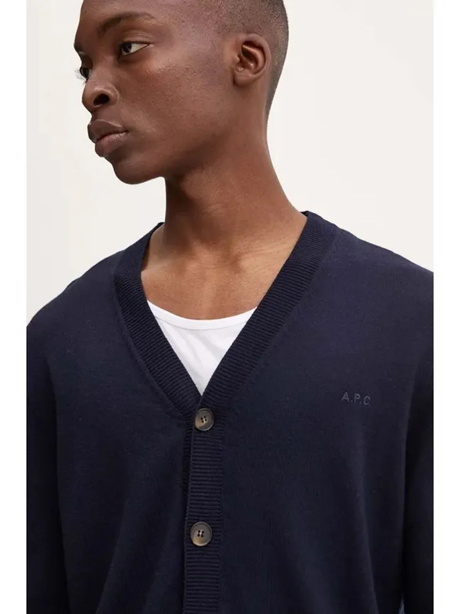 A.P.C. Men Cardigan Joe Merino Wool Logo-Embroidered Navy A.P.C. Men Cardigan Joe Merino Wool Logo-Embroidered Navy