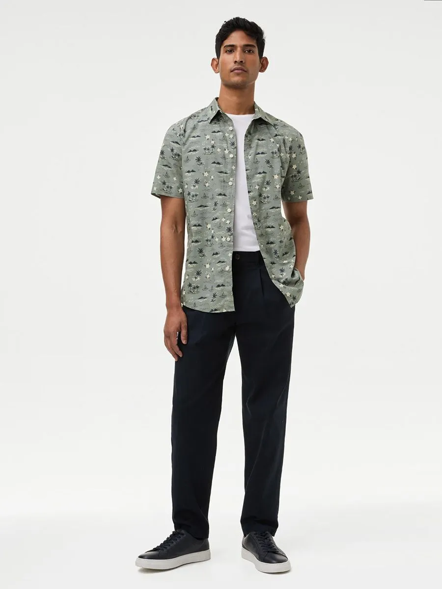 MARKS & SPENCER Men Shirt Short Sleeves Easy Iron Pure Cotton Geometric Print Green Mix MARKS & SPENCER Men Shirt Short Sleeves Easy Iron Pure Cotton Geometric Print Green Mix