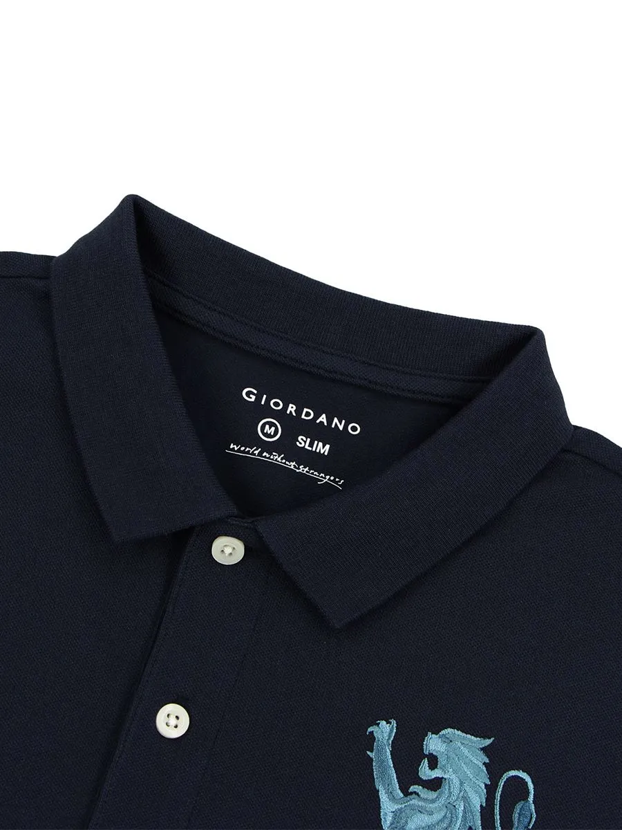 GIORDANO Men's Lycra Pique Embroidery Polo (3D Lion)  Navy Blue GIORDANO Men's Lycra Pique Embroidery Polo (3D Lion)  Navy Blue