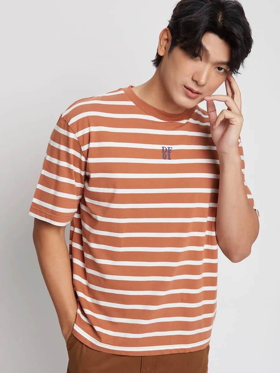 DEFRY 01 Men T-Shirt Crew Neck Short Sleeves Striped Printed Brown DEFRY 01 Men T-Shirt Crew Neck Short Sleeves Striped Printed Brown