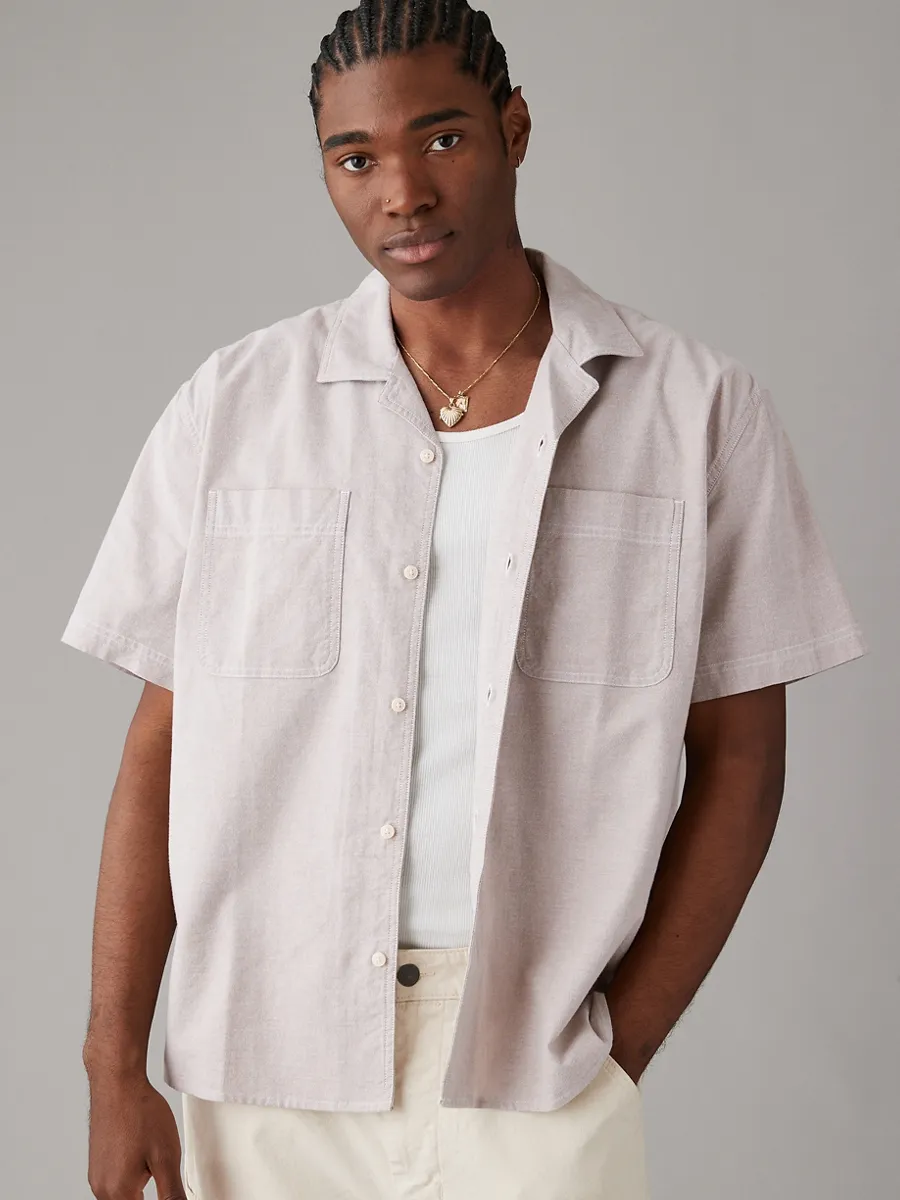 American Eagle MEN TOASTED ALMOND SS OVERSIZED CAMP COLLAR YD STRETCH OXFORD 238 TOASTED ALMOND