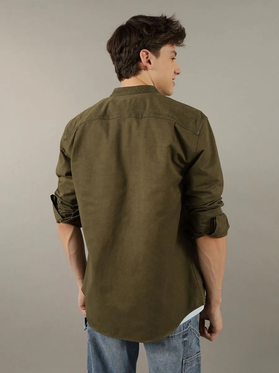 American Eagle MEN  CF BAND COLLAR HENDRIX TWILL SHIRT 300 GREEN American Eagle MEN  CF BAND COLLAR HENDRIX TWILL SHIRT 300 GREEN