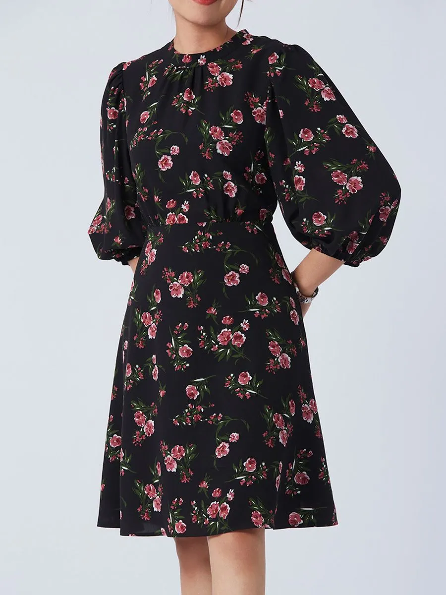 ESPADA Floral Print Fit and Flare Dress Women Black ESPADA Floral Print Fit and Flare Dress Women Black