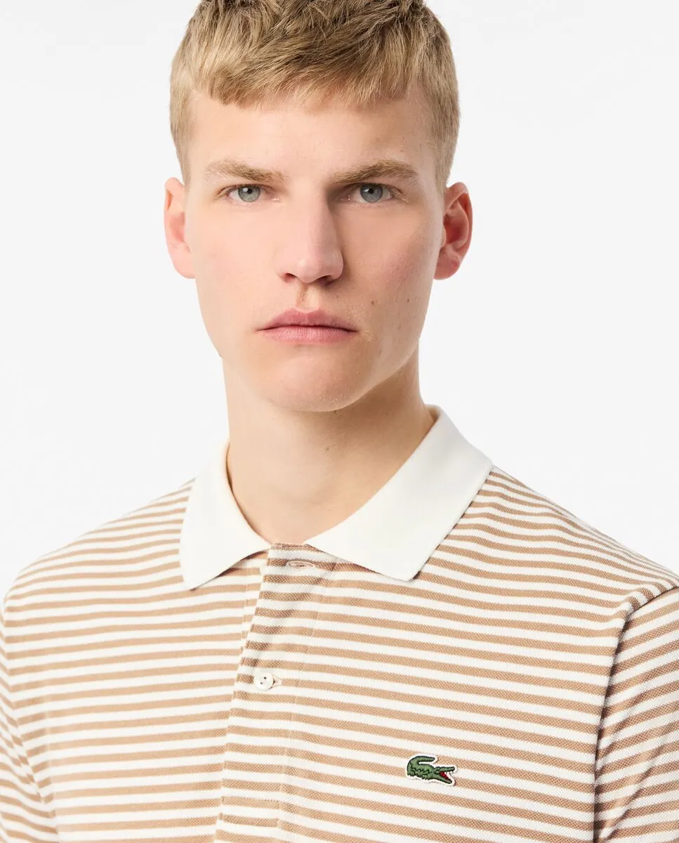 LACOSTE Classic Fit L.12.12 Striped Petit Piqu  Polo Shirt Beige LACOSTE Classic Fit L.12.12 Striped Petit Piqu  Polo Shirt Beige
