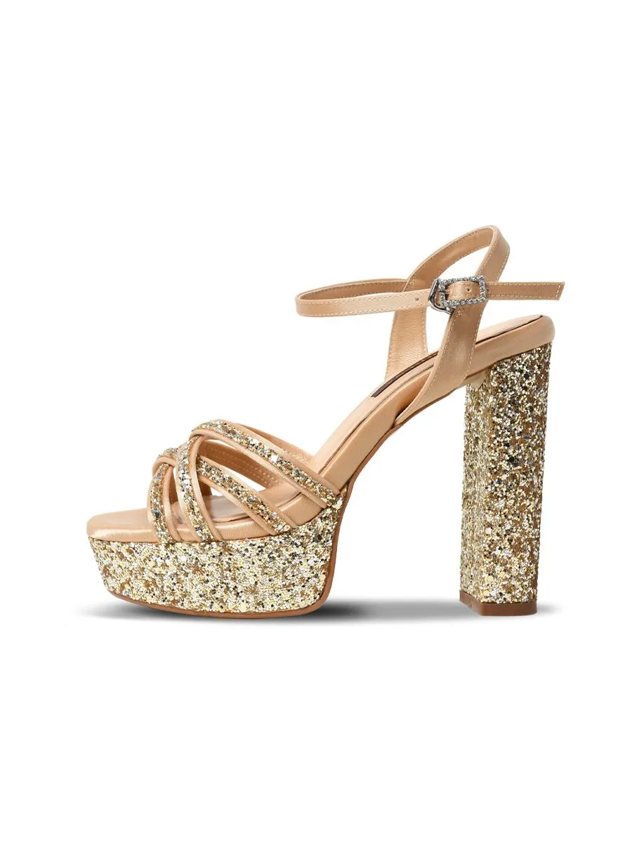 Sirena Gold Glitter Cloth Sandals Open Toe Blocked Heel 5 inch Aurora Sirena Gold Glitter Cloth Sandals Open Toe Blocked Heel 5 inch Aurora