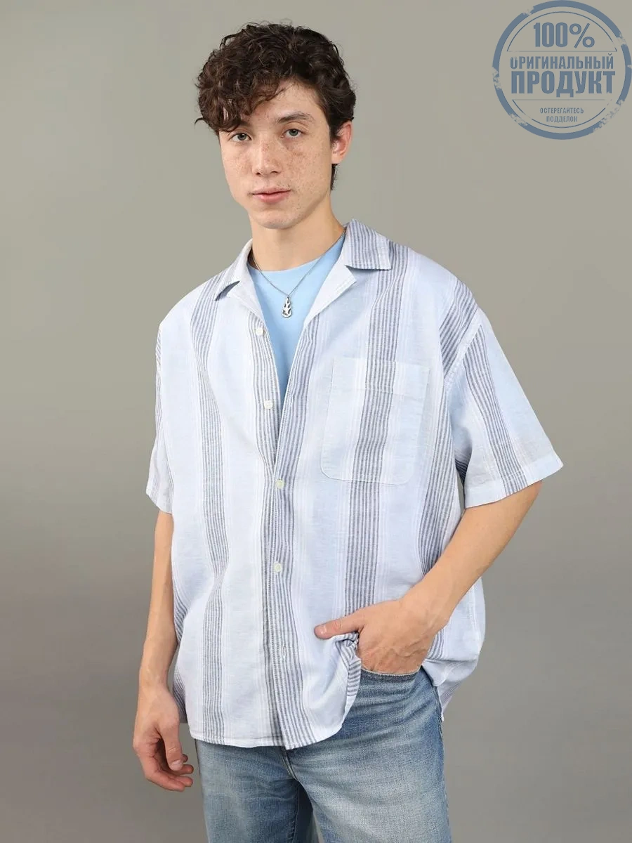American Eagle MEN SS OVERSIZED CAMP COLLAR LINEN STRIPE 409 BLUE MIST American Eagle MEN SS OVERSIZED CAMP COLLAR LINEN STRIPE 409 BLUE MIST
