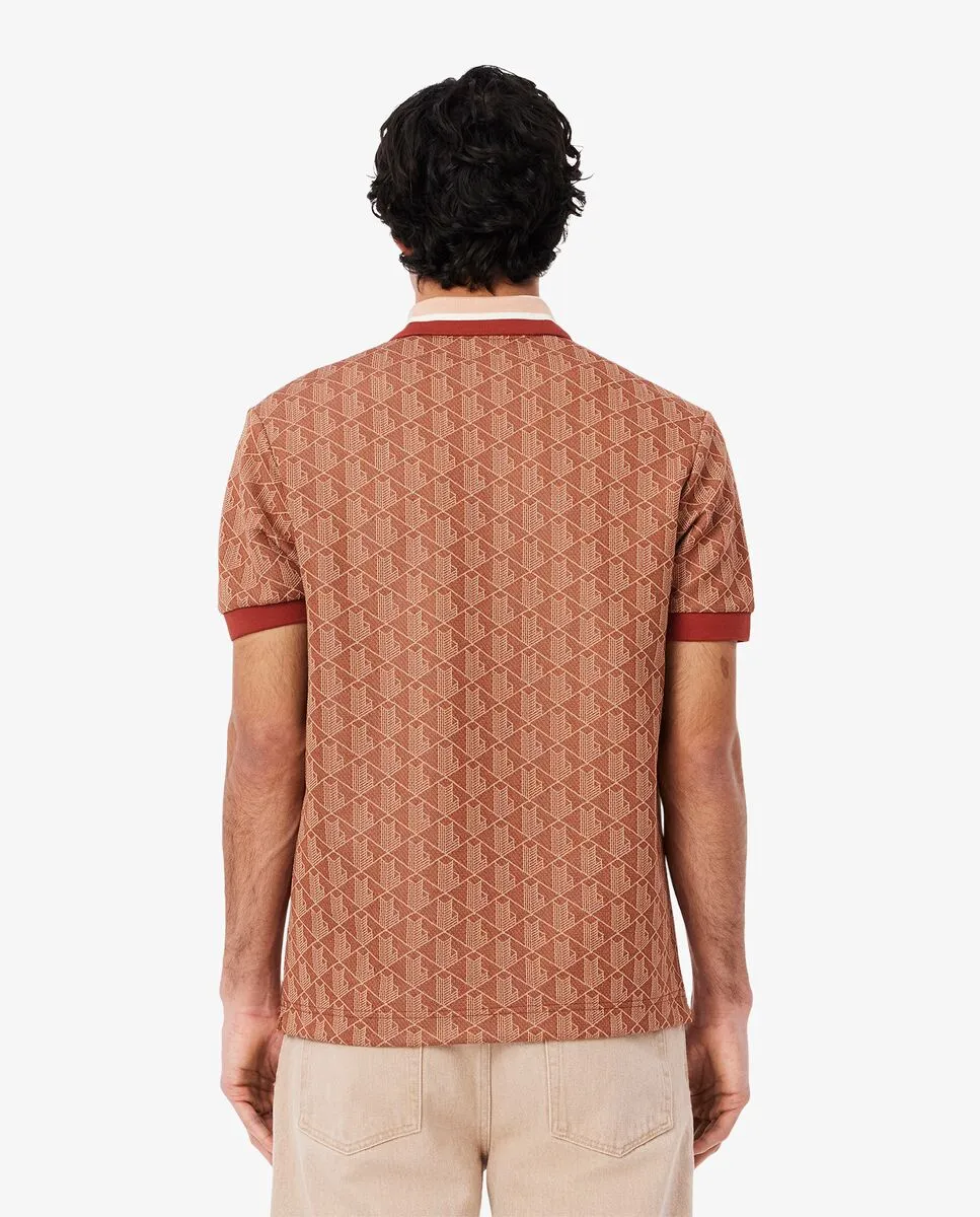 LACOSTE Classic Fit Monogram Jacquard Polo Shirt Brown LACOSTE Classic Fit Monogram Jacquard Polo Shirt Brown