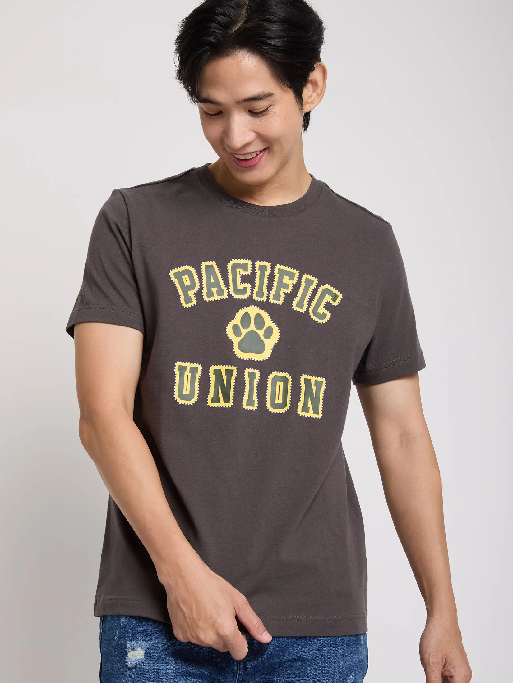 PACIFIC UNION Men T-Shirt Short Sleeves Logo Printed Grey PACIFIC UNION Men T-Shirt Short Sleeves Logo Printed Grey