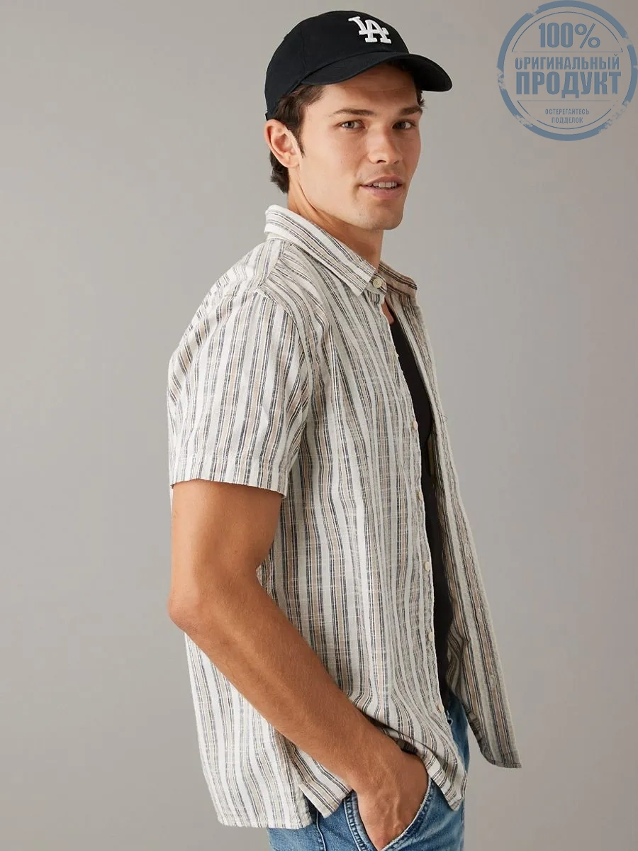 American Eagle MEN BROOKE STRIPE TERRY SLUB SHIRT 131 CHALK American Eagle MEN BROOKE STRIPE TERRY SLUB SHIRT 131 CHALK