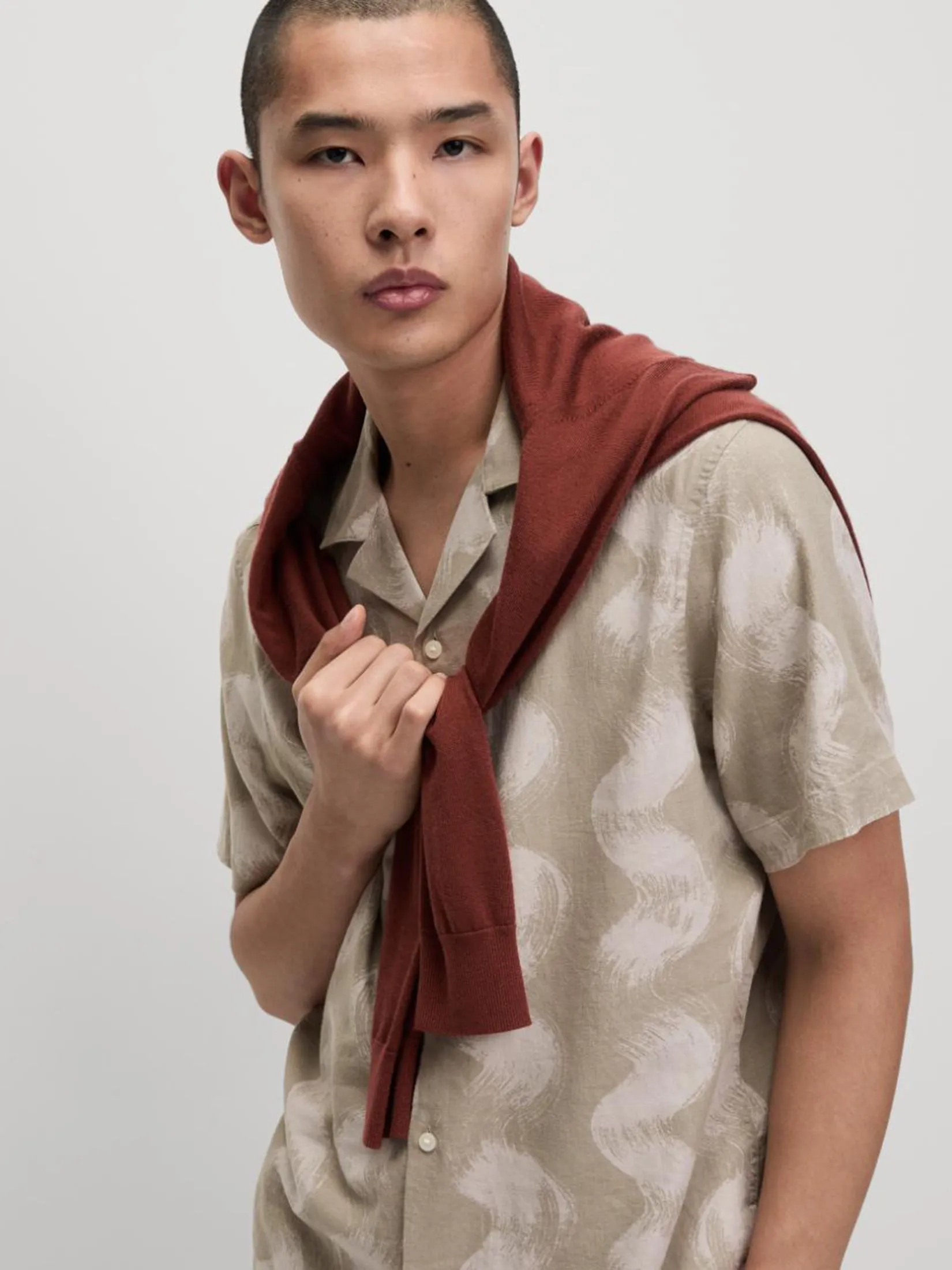 MARKS & SPENCER Men Shirt Linen Rich Cuban Collar Wave Print MARKS & SPENCER Men Shirt Linen Rich Cuban Collar Wave Print