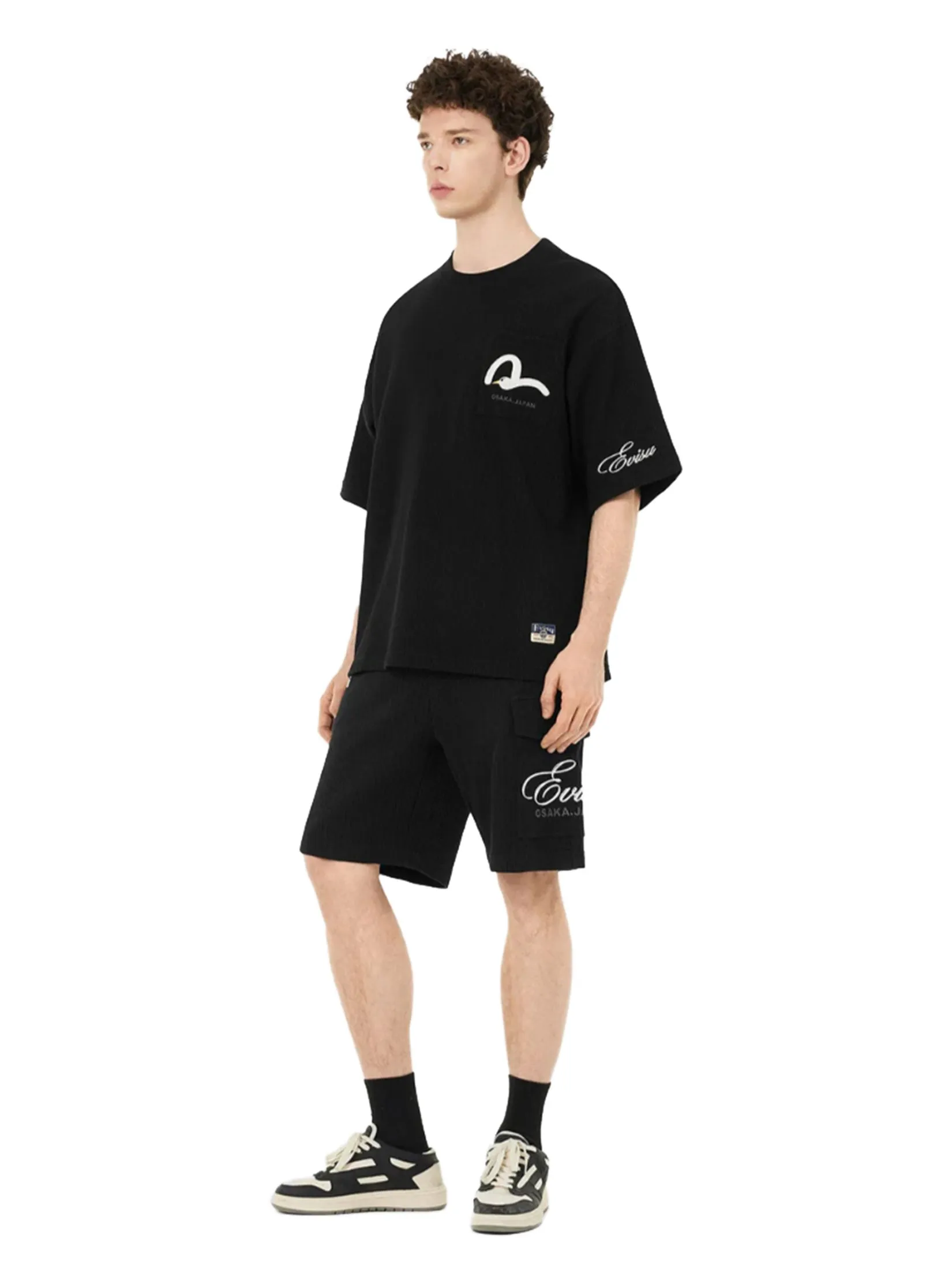 EVISU Men Sweatshirt Short-Sleeve Waffle Seagull and Logo Embroidery Oversized Black EVISU Men Sweatshirt Short-Sleeve Waffle Seagull and Logo Embroidery Oversized Black