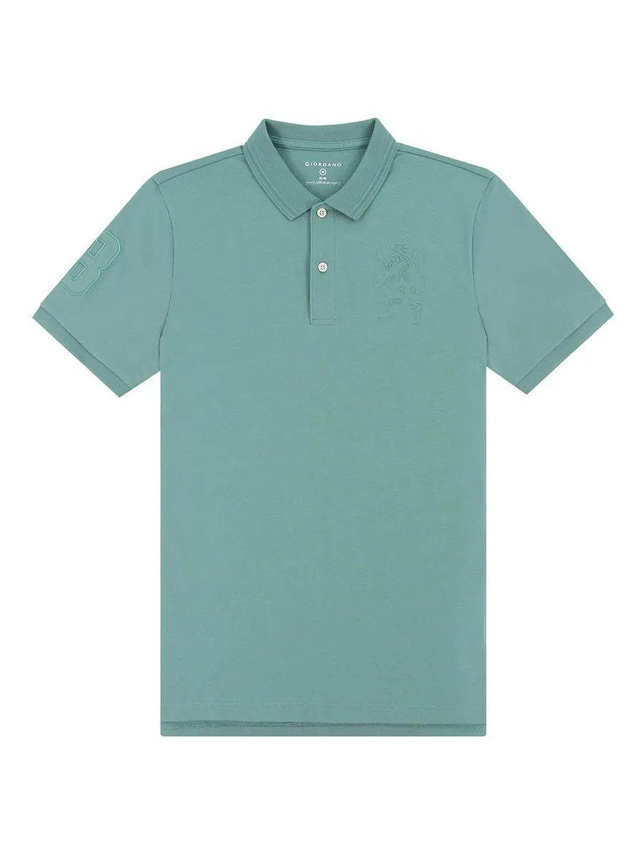 GIORDANO Men's Slim Fit 3D Lion Embroidery Polo Mineral Blue GIORDANO Men's Slim Fit 3D Lion Embroidery Polo Mineral Blue