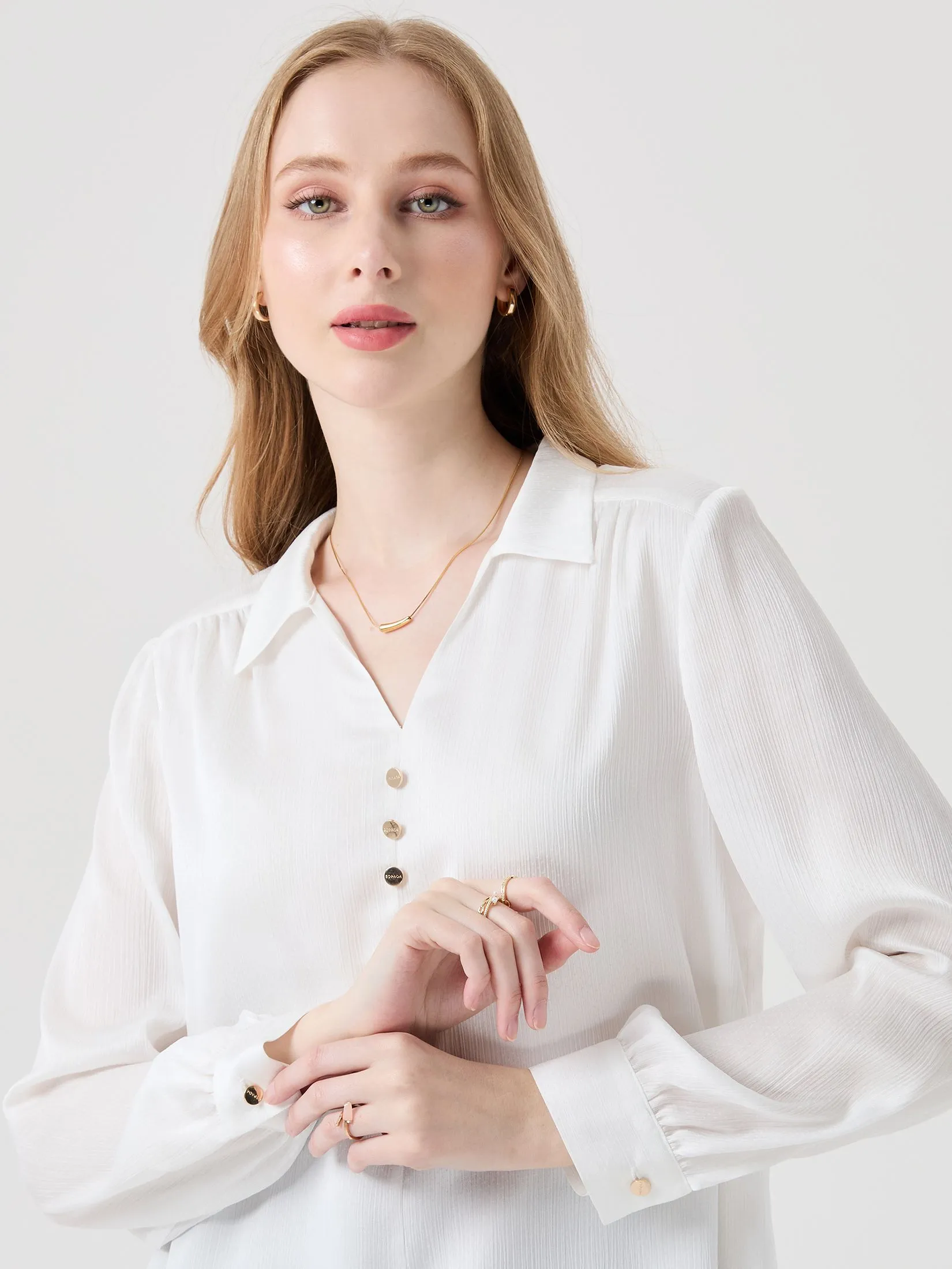 ESPADA Loose-Fit Blouse with V-Neck Women Off White ESPADA Loose-Fit Blouse with V-Neck Women Off White