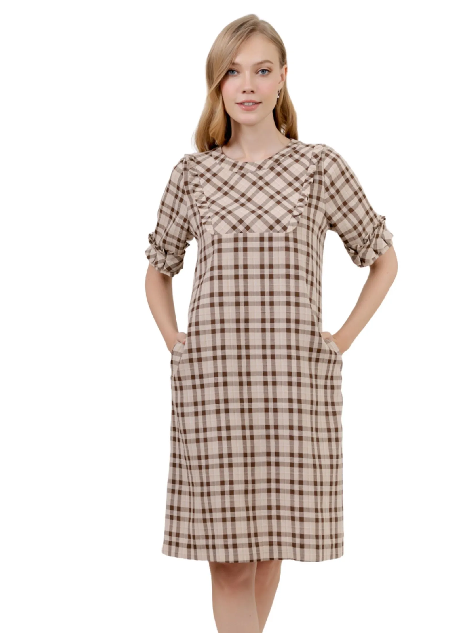 VERONIQA Women Dress Cotton Linen Brown VERONIQA Women Dress Cotton Linen Brown