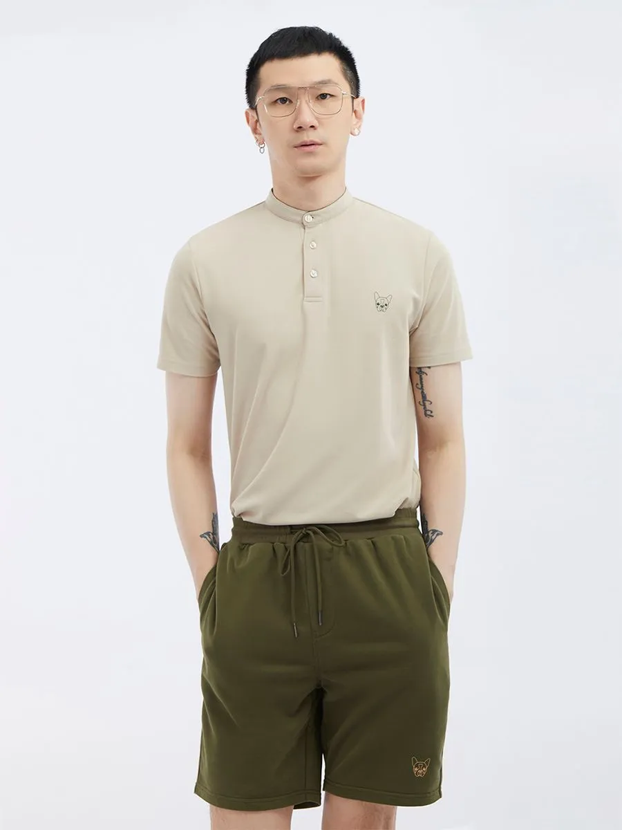 ESP Stand Collar Frenchie Polo Shirt Men Beige ESP Stand Collar Frenchie Polo Shirt Men Beige