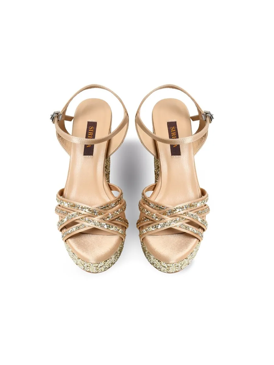 Sirena Gold Glitter Cloth Sandals Open Toe Blocked Heel 5 inch Aurora Sirena Gold Glitter Cloth Sandals Open Toe Blocked Heel 5 inch Aurora