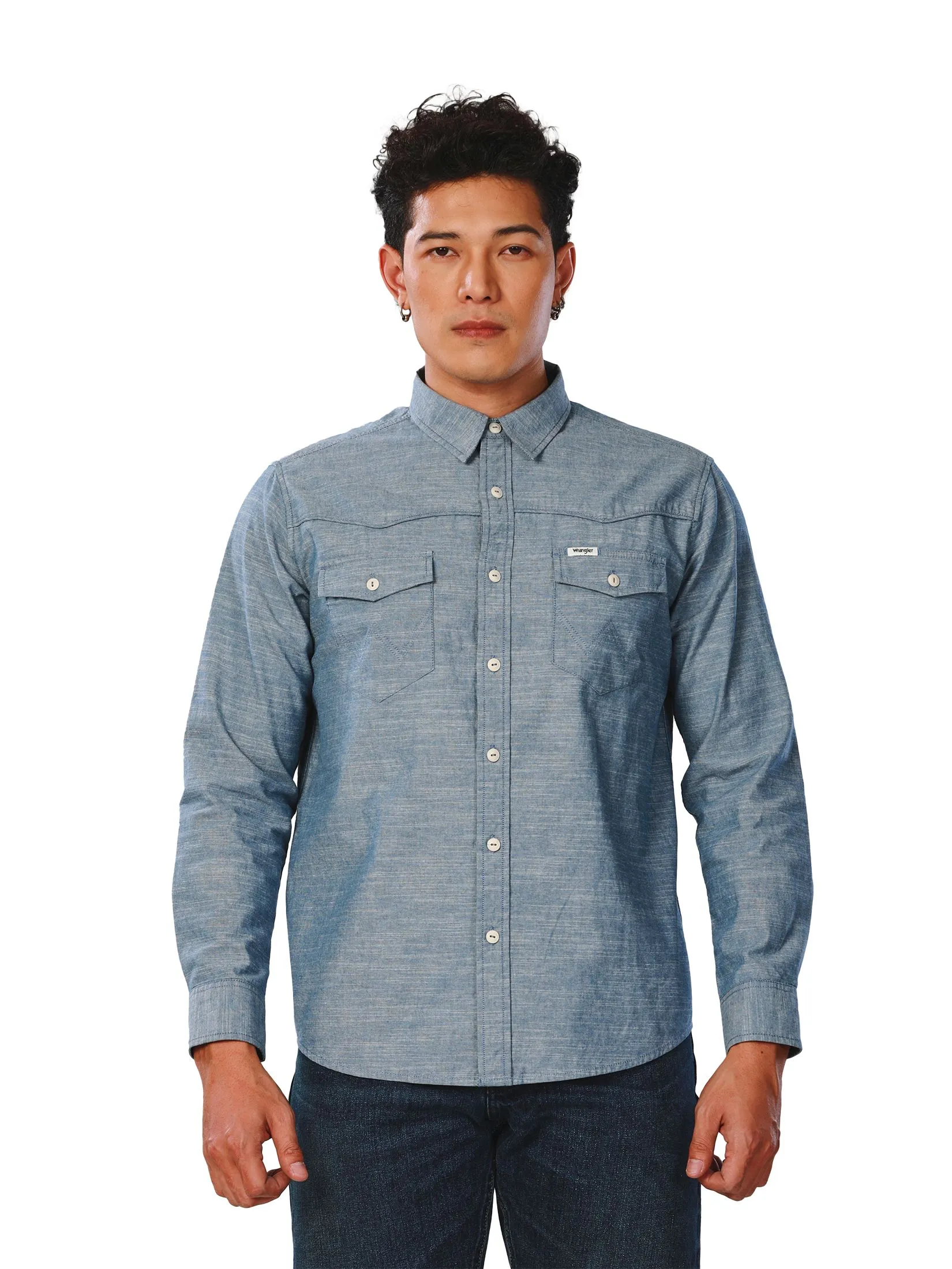 WRANGLER Men's Shirt Long Sleeve Everyday with Wrangler Collection Regular Fit Blue