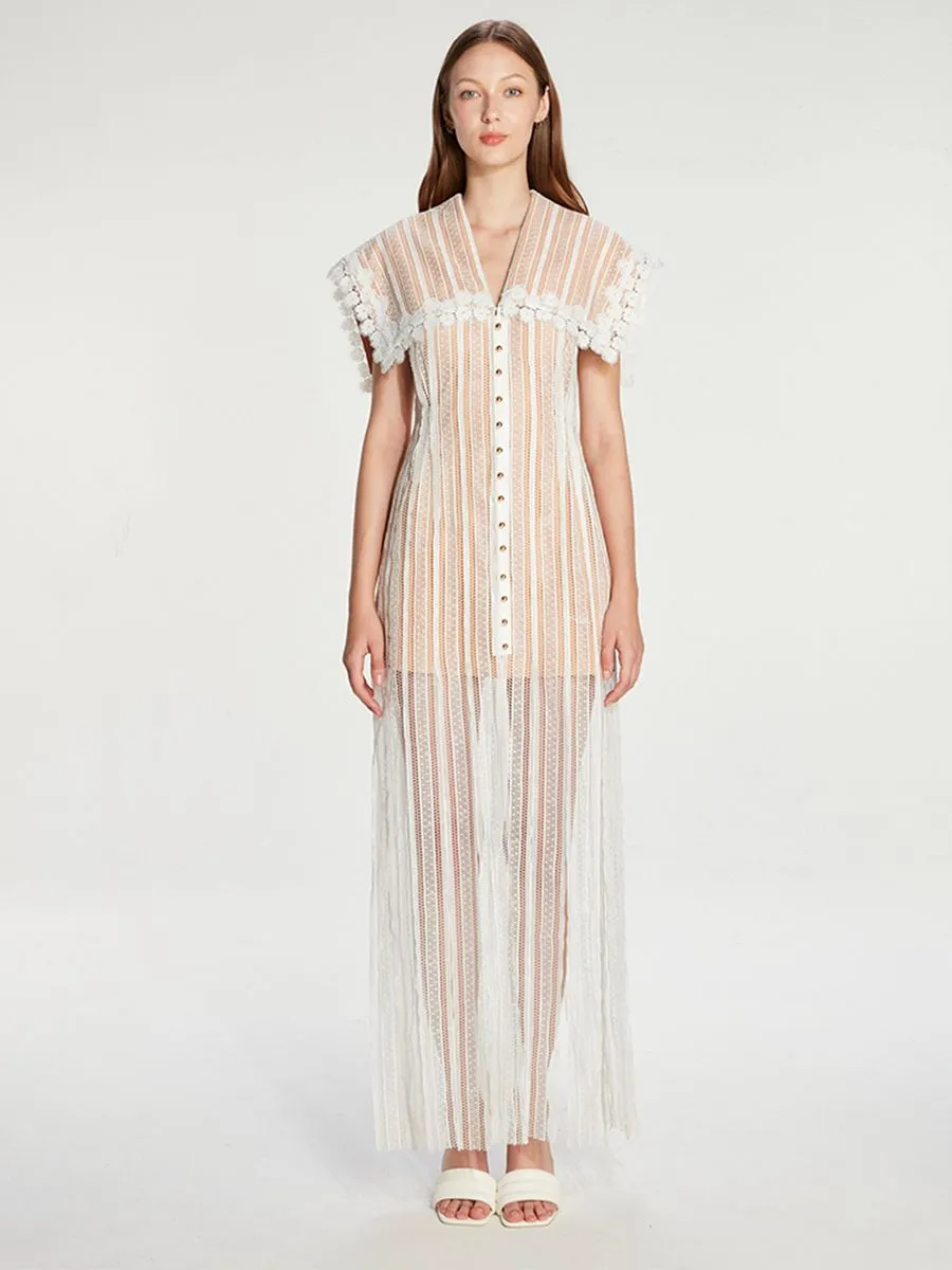 JANESUDA (SS23) White Long lace Women dress with sailor collar JANESUDA (SS23) White Long lace Women dress with sailor collar