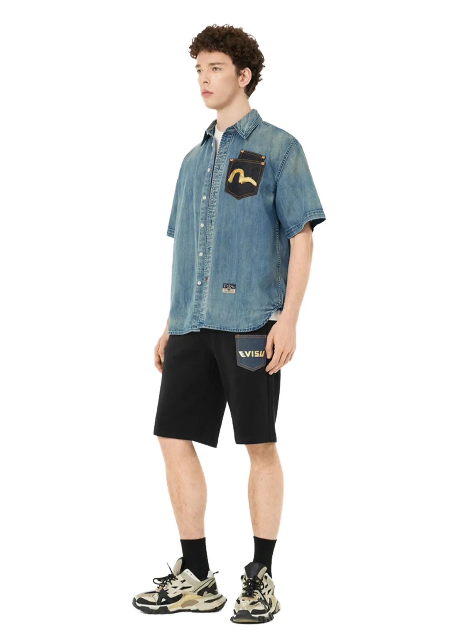 EVISU Men Shirt Short-Sleeves Artistic Brush Daicock Print Relax Fit Denim Indigo EVISU Men Shirt Short-Sleeves Artistic Brush Daicock Print Relax Fit Denim Indigo