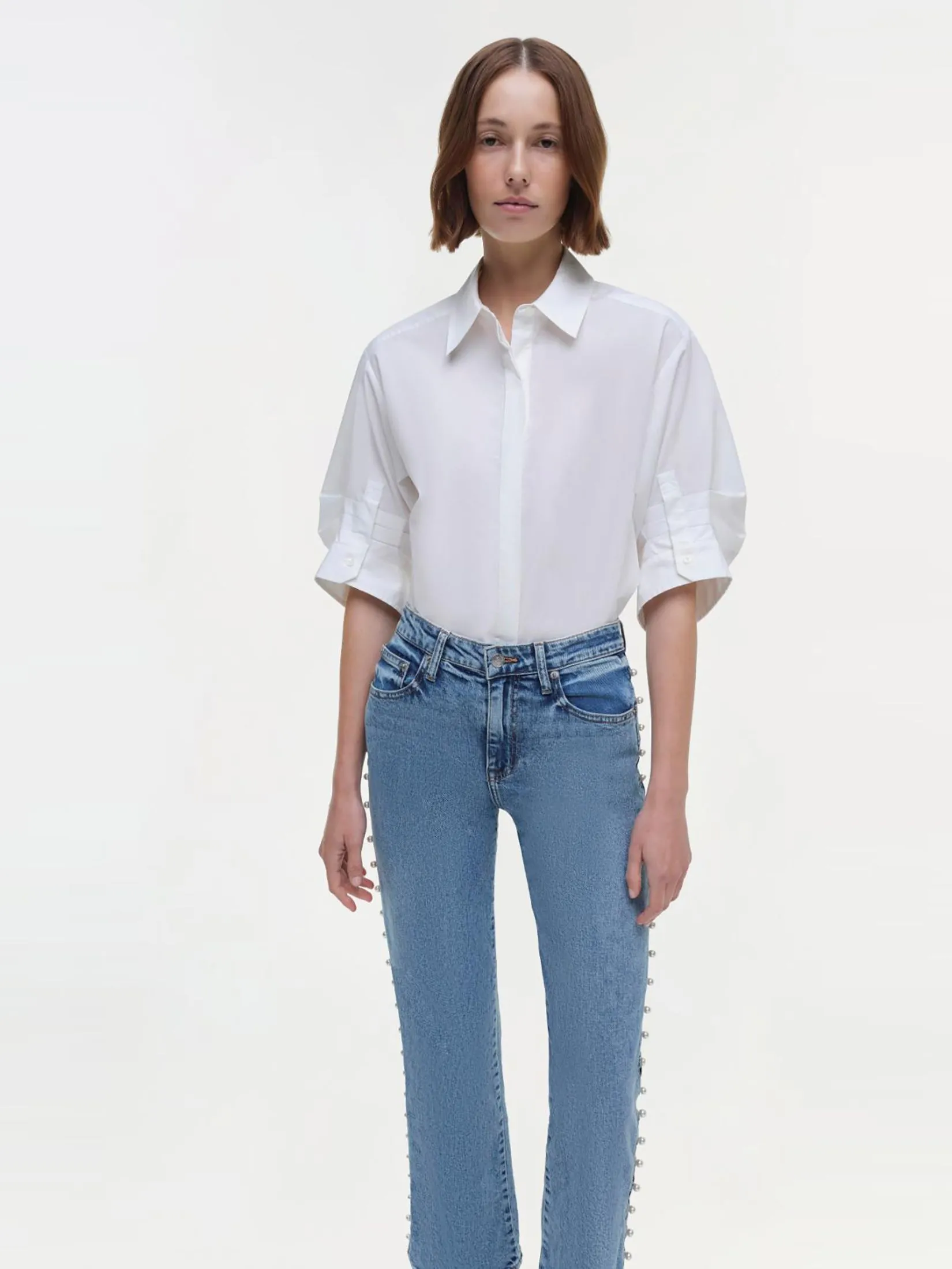 SIMKHAI Women Denim High Rise Pearl Embellished Amelia Juno SIMKHAI Women Denim High Rise Pearl Embellished Amelia Juno