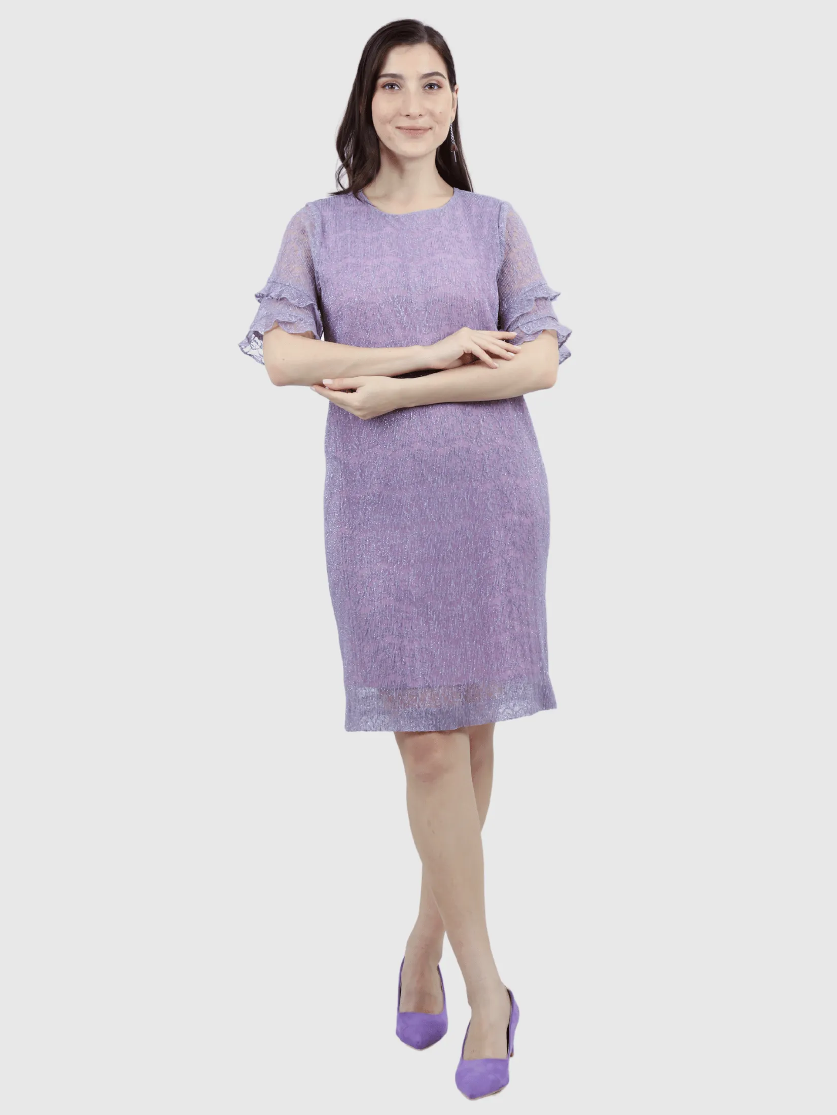VERONIQA Women Dress Short Sleeves Fancy Metalic Violet VERONIQA Women Dress Short Sleeves Fancy Metalic Violet