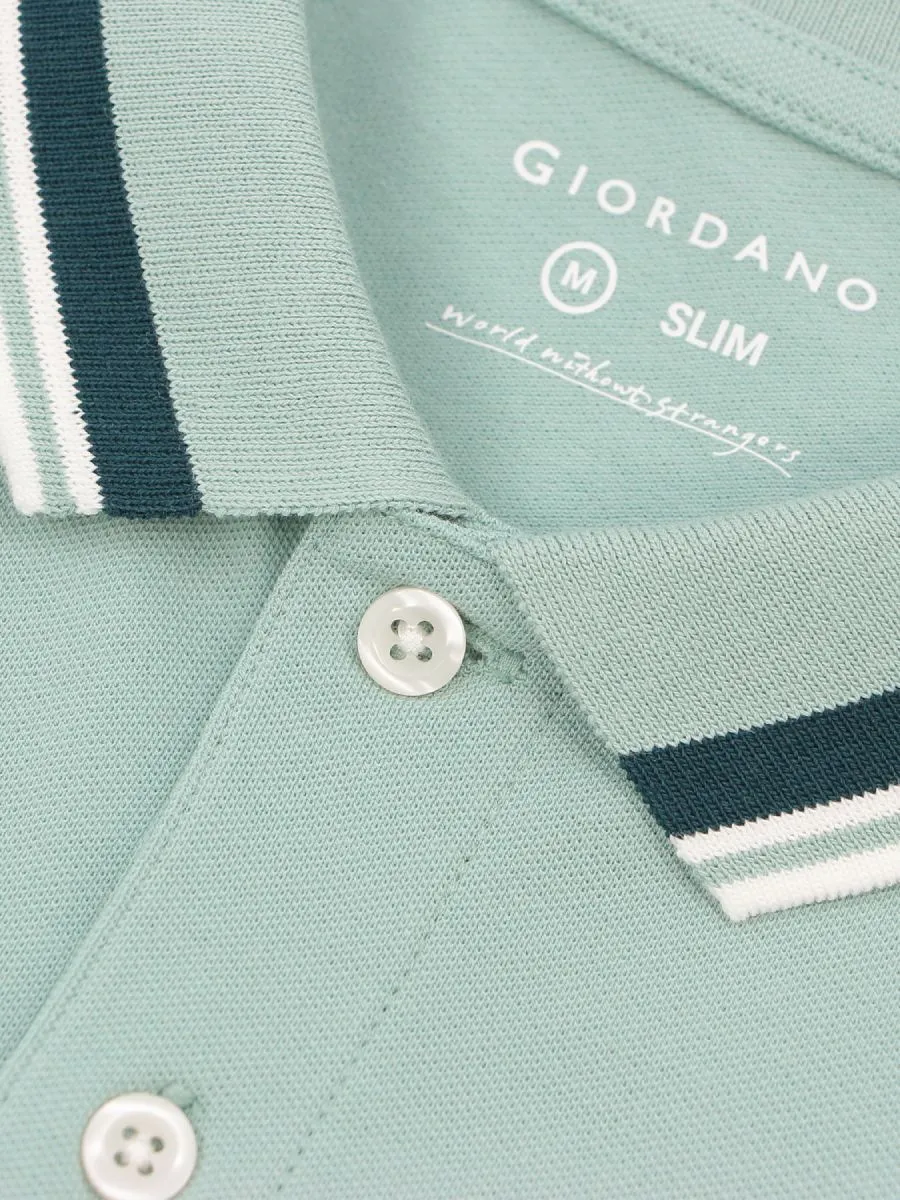 GIORDANO Men's Signature Pique Embroidery Solid Polo Green Surf GIORDANO Men's Signature Pique Embroidery Solid Polo Green Surf
