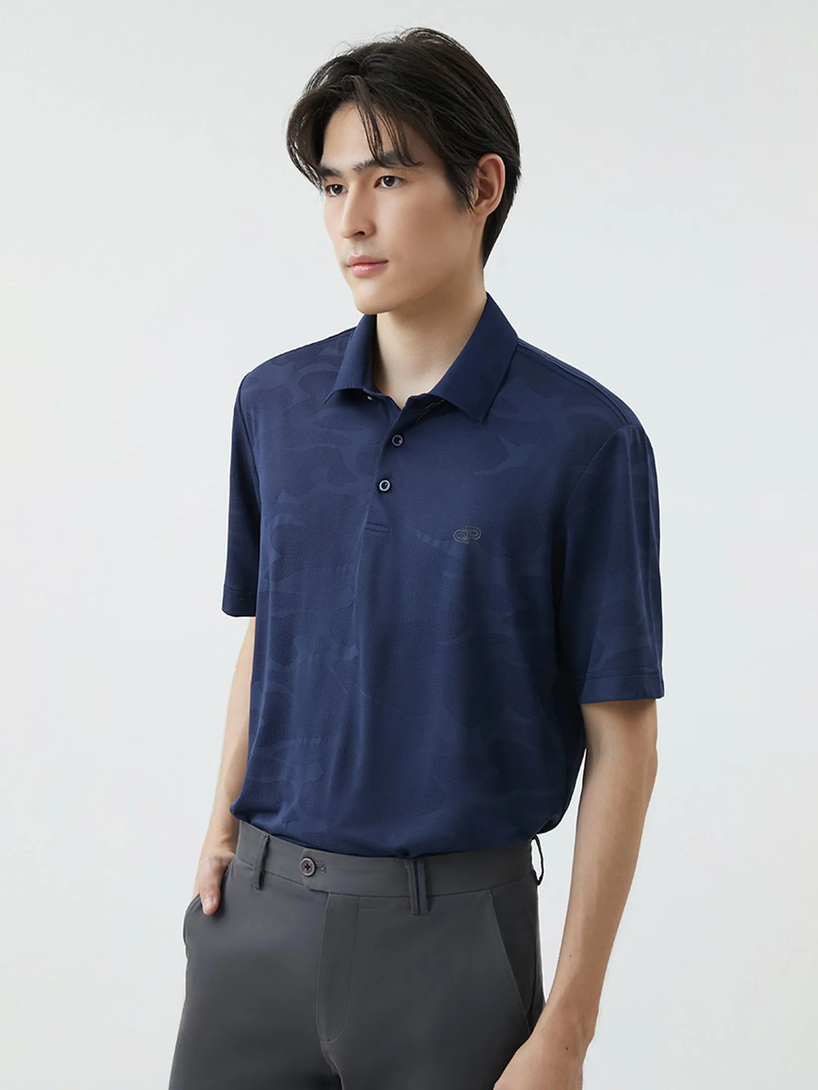 DAPPER DAPPER Tonal Camo Jacquard Polo Shirt Navy DAPPER DAPPER Tonal Camo Jacquard Polo Shirt Navy