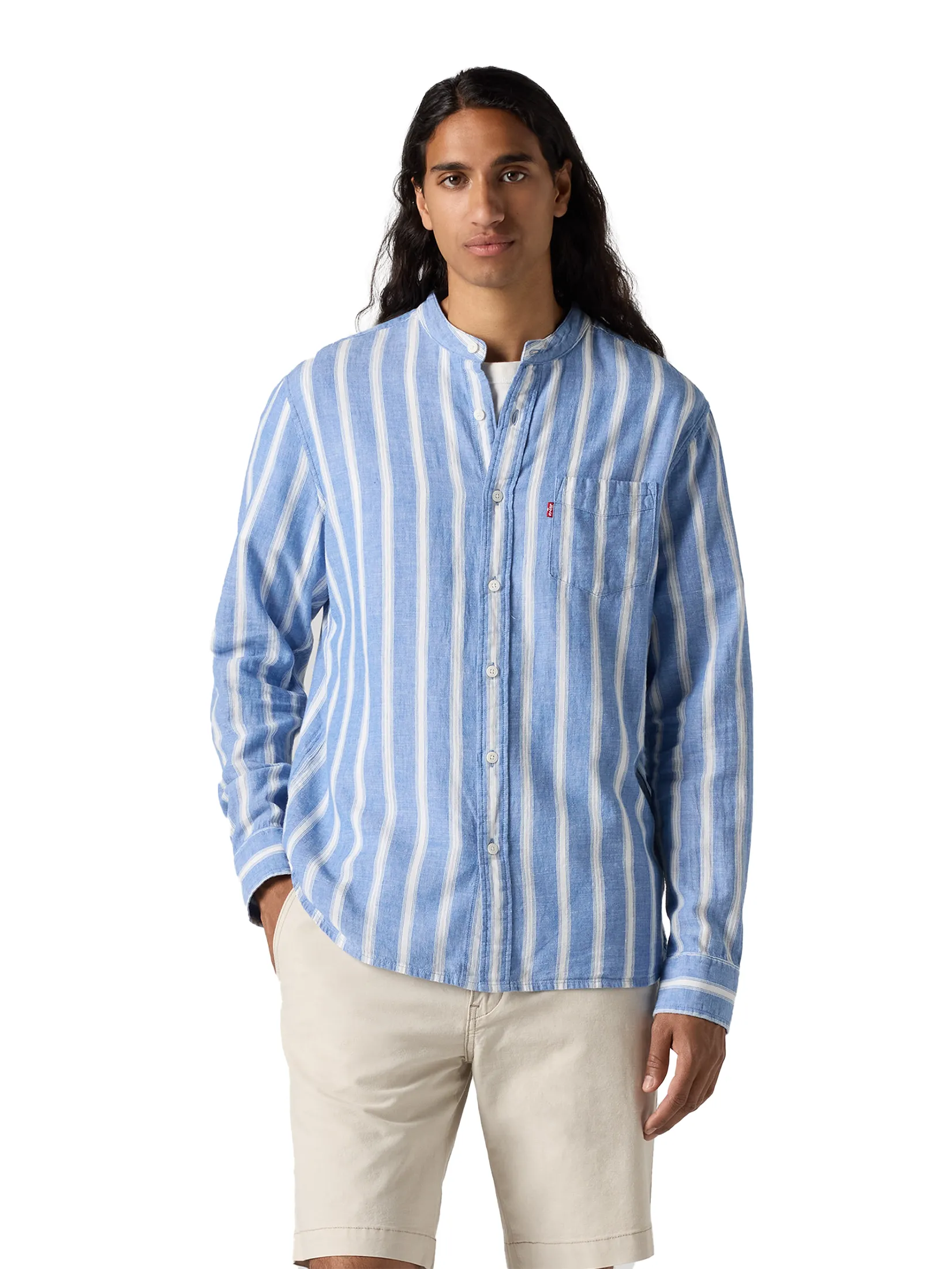 LEVI'S Men's Banded Collar 1 Pocket Shirt Blue LEVI'S Men's Banded Collar 1 Pocket Shirt Blue