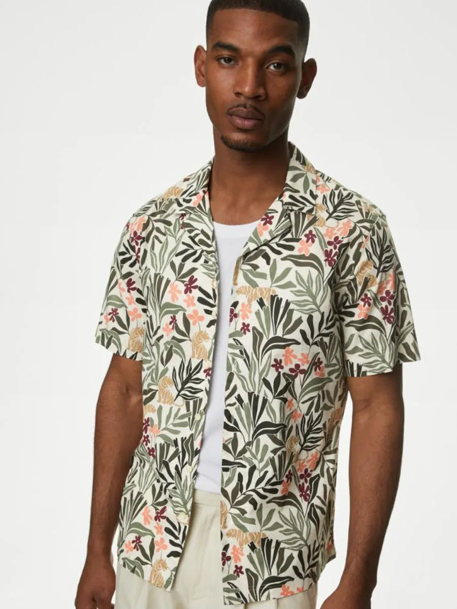 MARKS & SPENCER Men Shirt Short Sleeves Easy Iron Pure Cotton Cuban Collar Green Mix MARKS & SPENCER Men Shirt Short Sleeves Easy Iron Pure Cotton Cuban Collar Green Mix