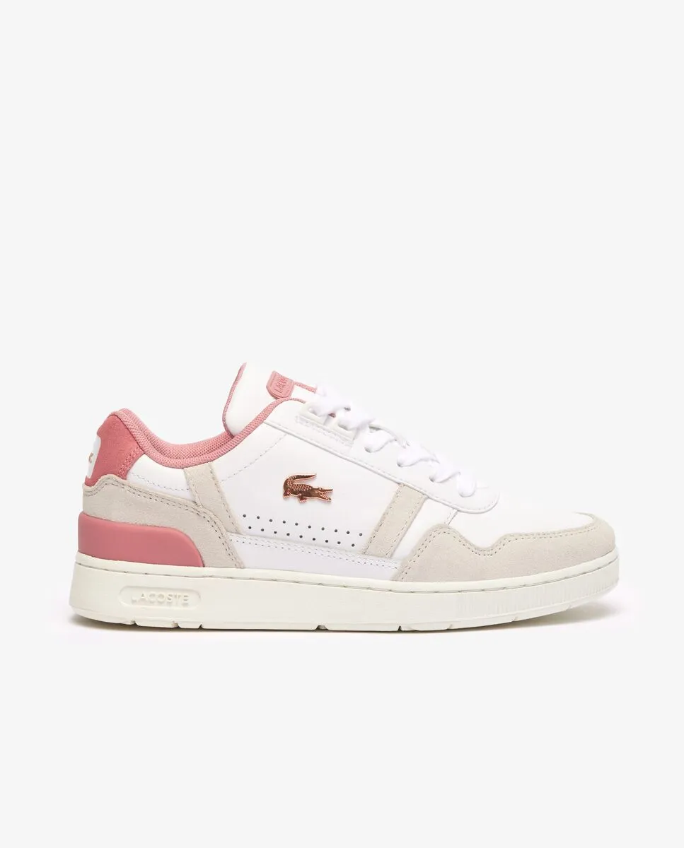 LACOSTE Women’s T-Clip Contrasted Leather Trainers White/Pink LACOSTE Women’s T-Clip Contrasted Leather Trainers White/Pink