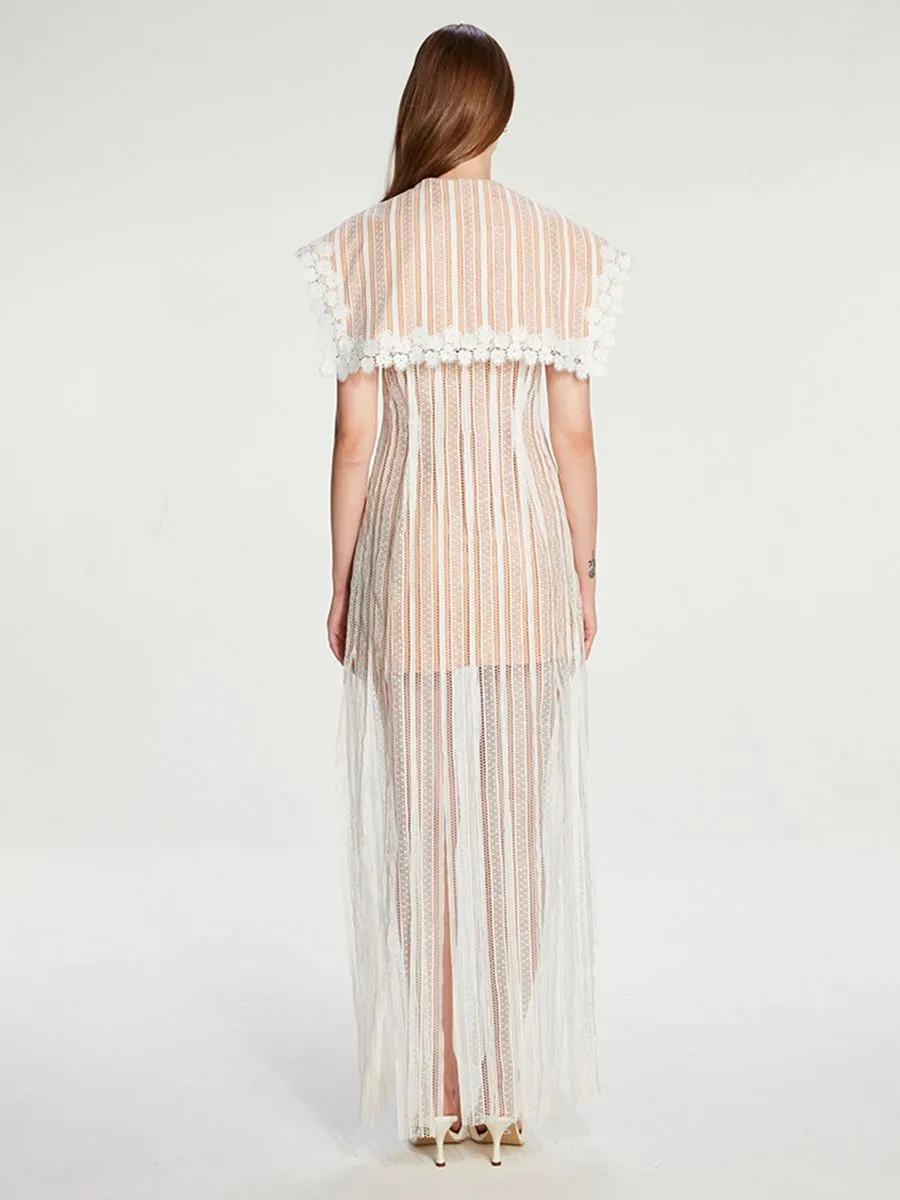 JANESUDA (SS23) White Long lace Women dress with sailor collar JANESUDA (SS23) White Long lace Women dress with sailor collar