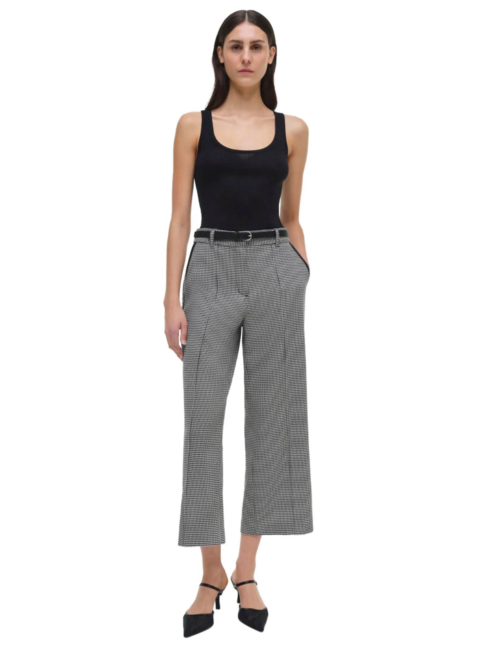 SIMKHAI Women Cropped Pants Button Hem Miki Black White Check SIMKHAI Women Cropped Pants Button Hem Miki Black White Check