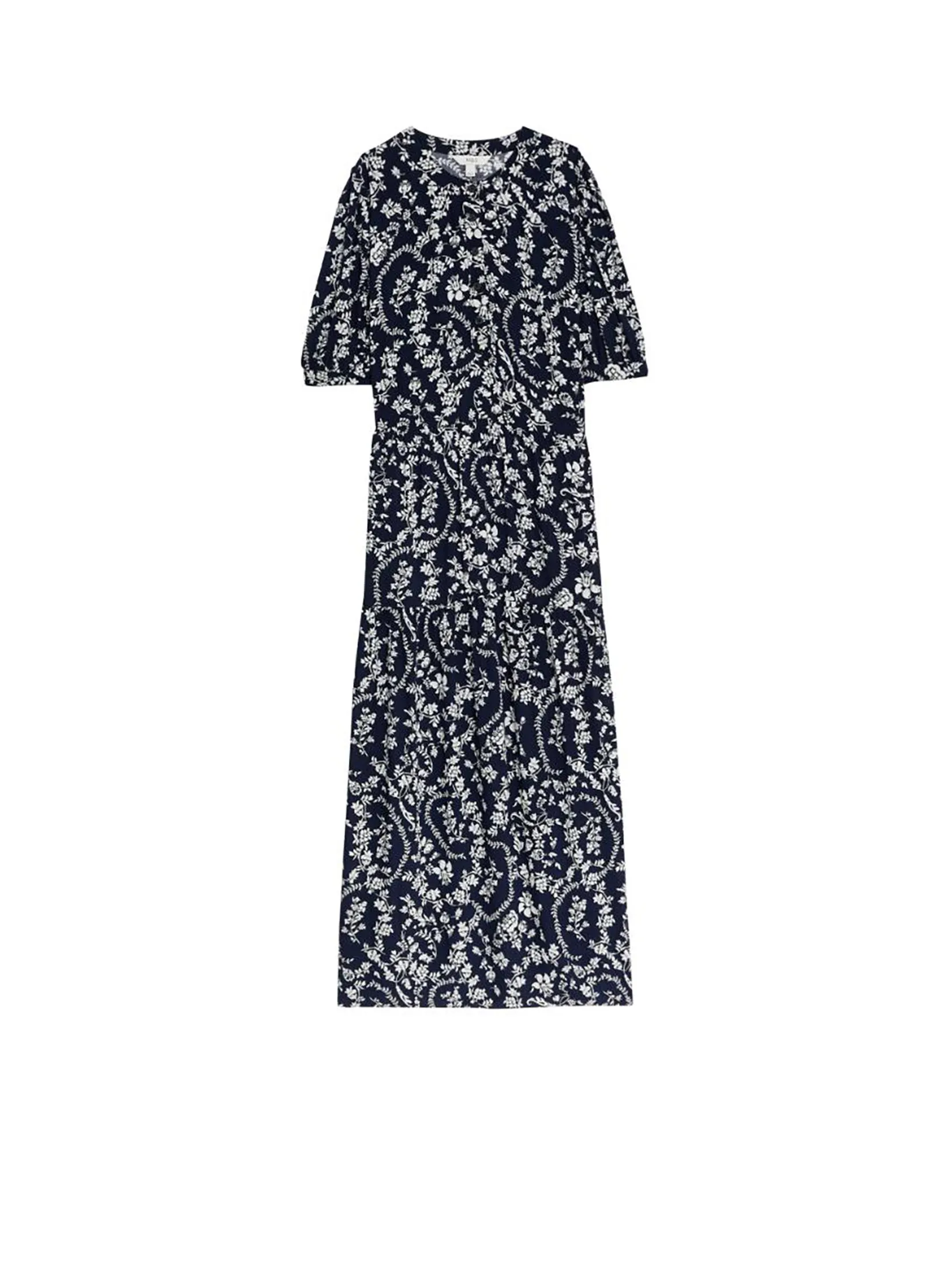 MARKS & SPENCER Women Midi Tiered Dress Floral Button Front Navy Mix MARKS & SPENCER Women Midi Tiered Dress Floral Button Front Navy Mix