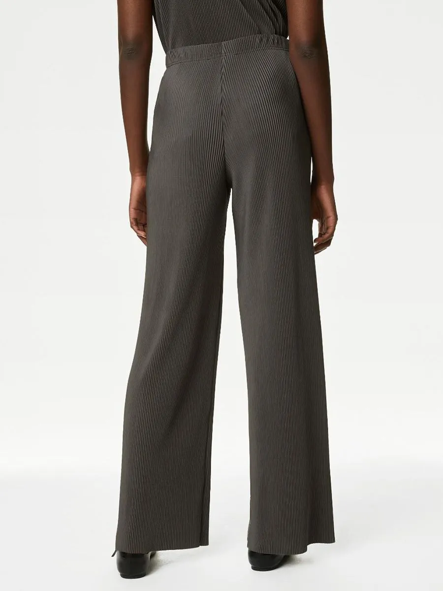 MARKS & SPENCER Women Trousers Plisse Wide Leg Dark Khaki MARKS & SPENCER Women Trousers Plisse Wide Leg Dark Khaki