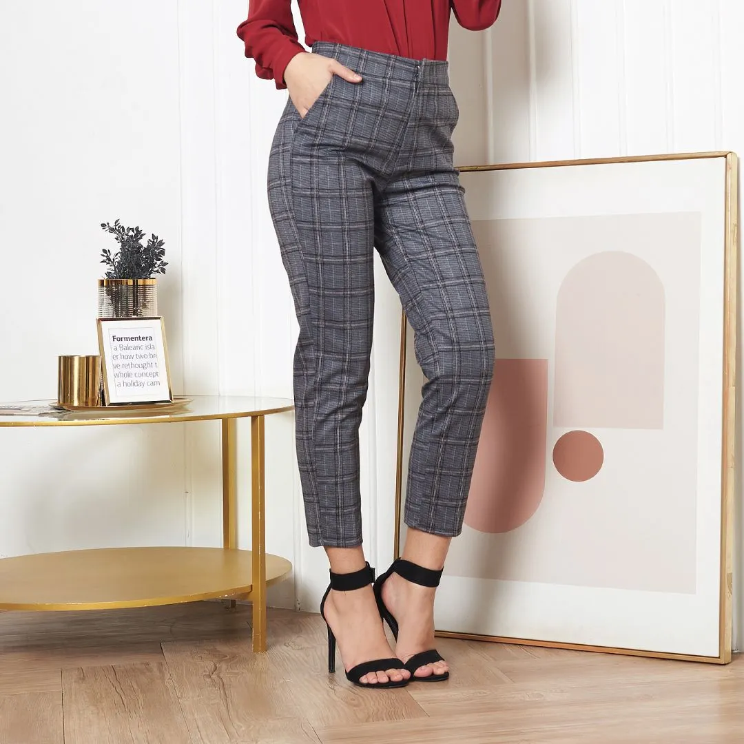 Lady Plus Grey Cropped Check Pants L-2018PM-BG Lady Plus Grey Cropped Check Pants L-2018PM-BG