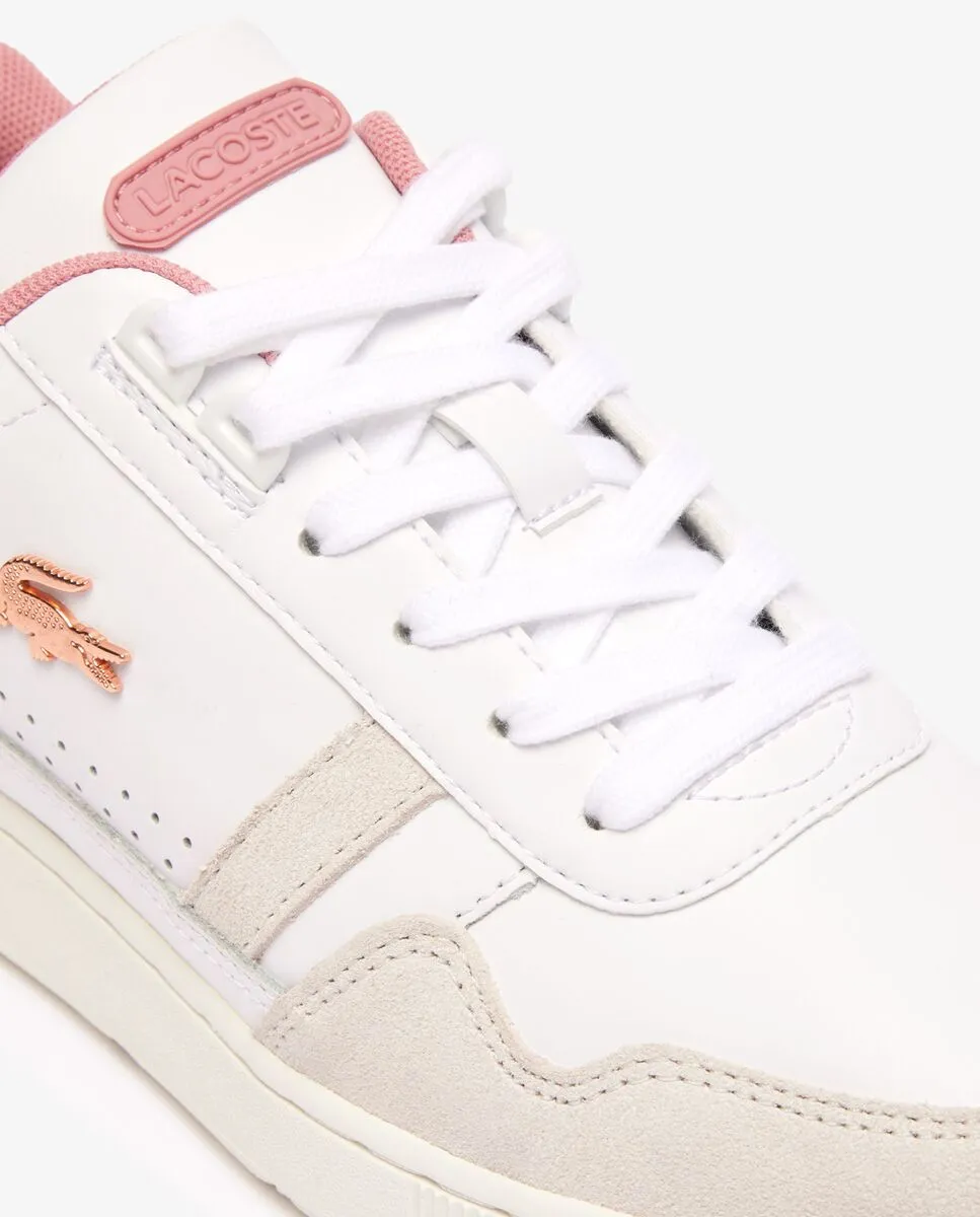 LACOSTE Women’s T-Clip Contrasted Leather Trainers White/Pink LACOSTE Women’s T-Clip Contrasted Leather Trainers White/Pink